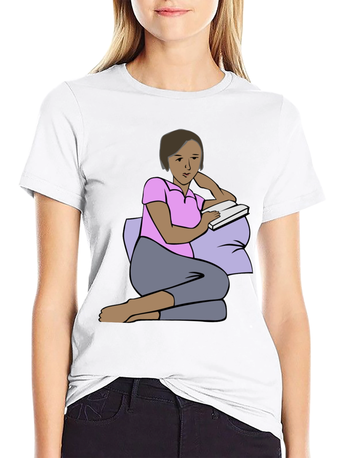 Reading Woman Graphic Tee - Soft Black Cotton