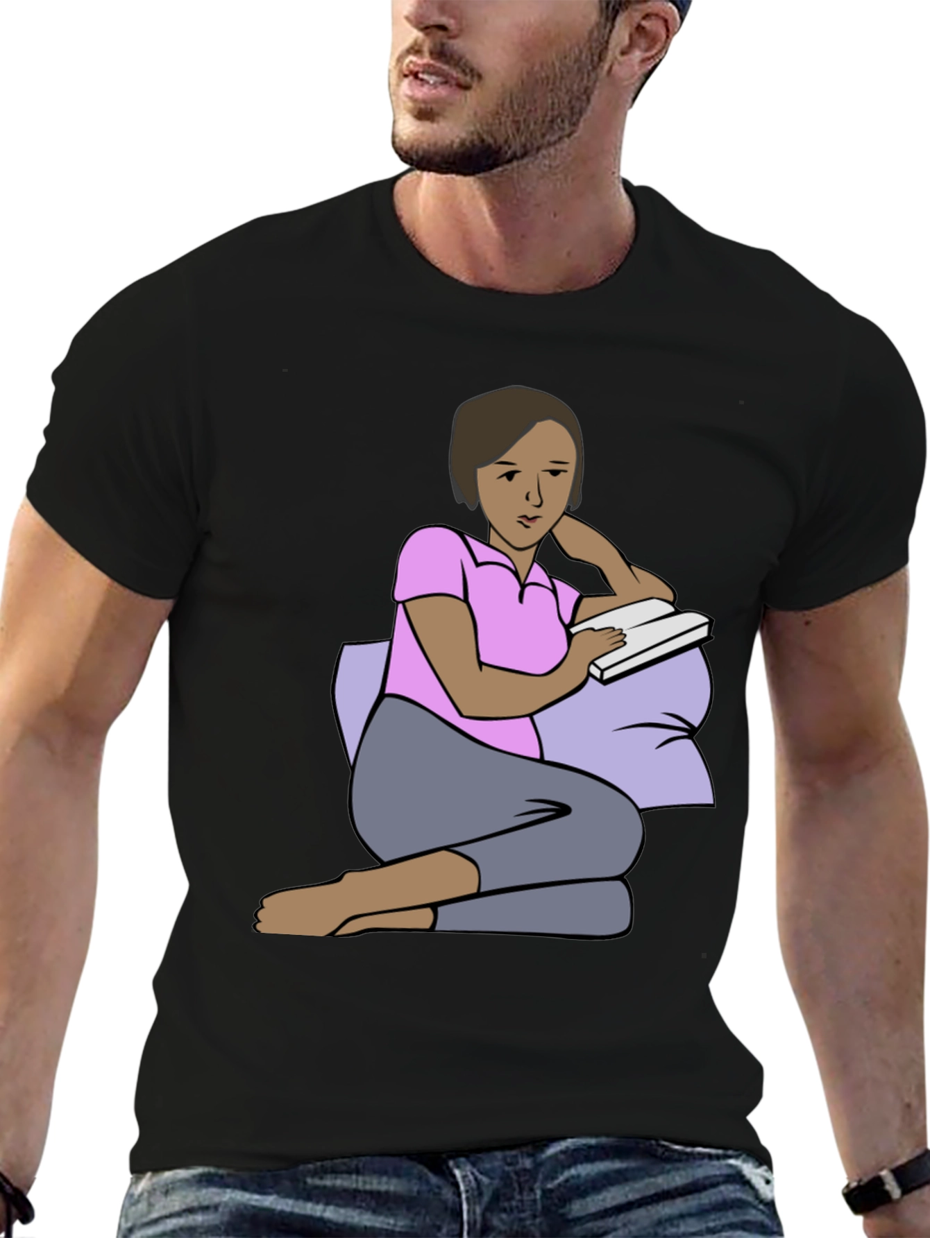 Reading Woman Graphic Tee - Soft Black Cotton