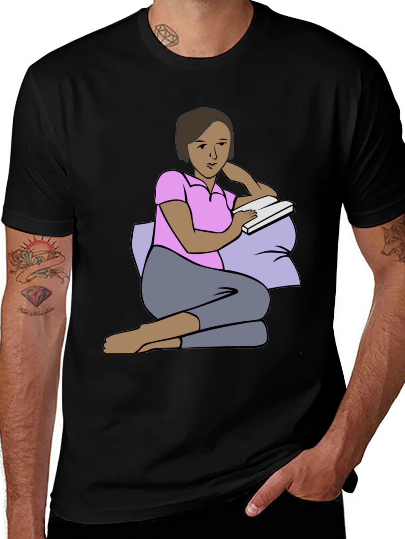 Reading Woman Graphic Tee - Soft Black Cotton