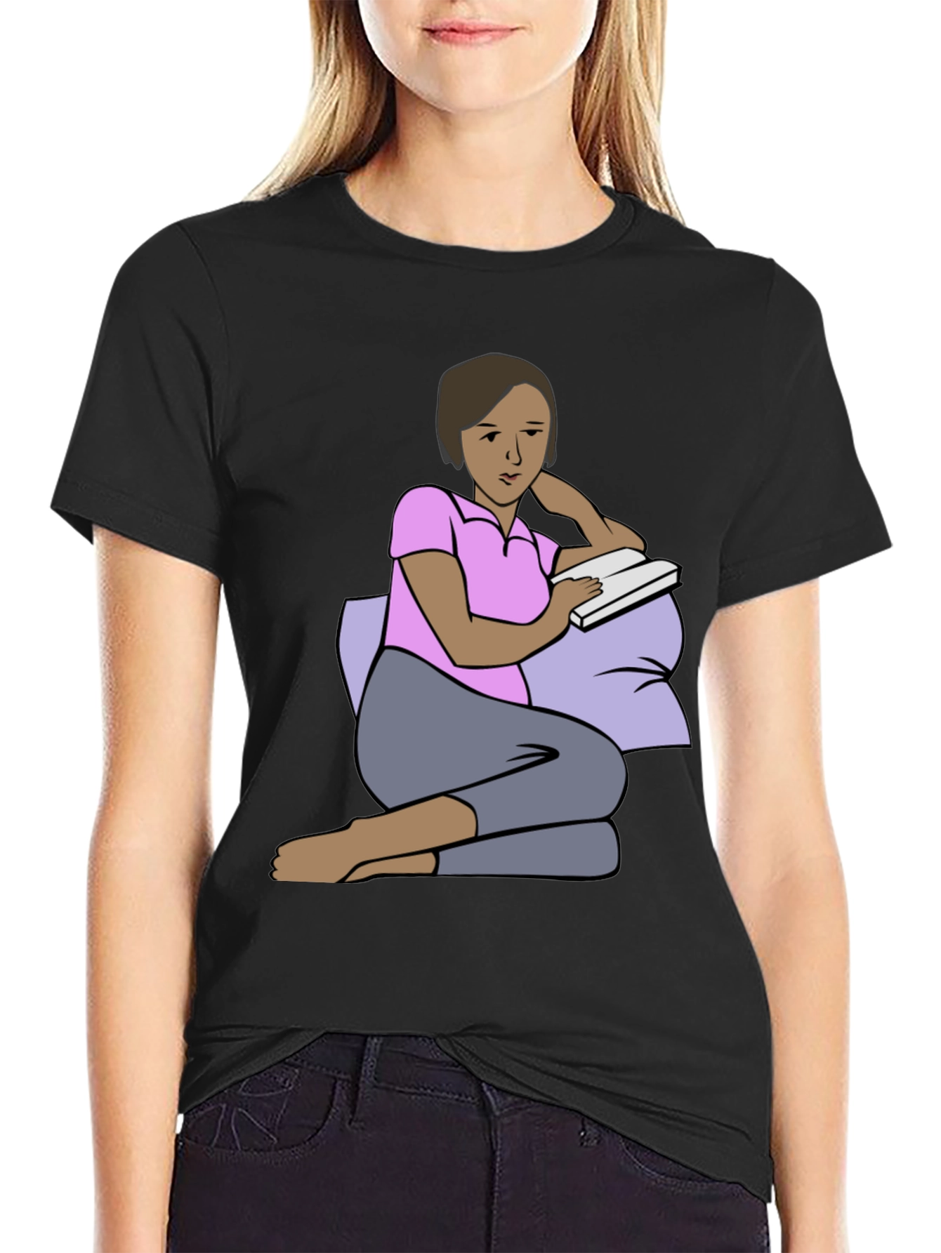 Reading Woman Graphic Tee - Soft Black Cotton