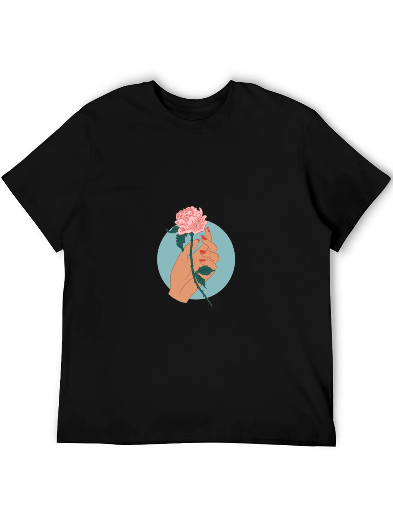 Rose Hand Graphic Print Tee - Casual Black T-Shirt