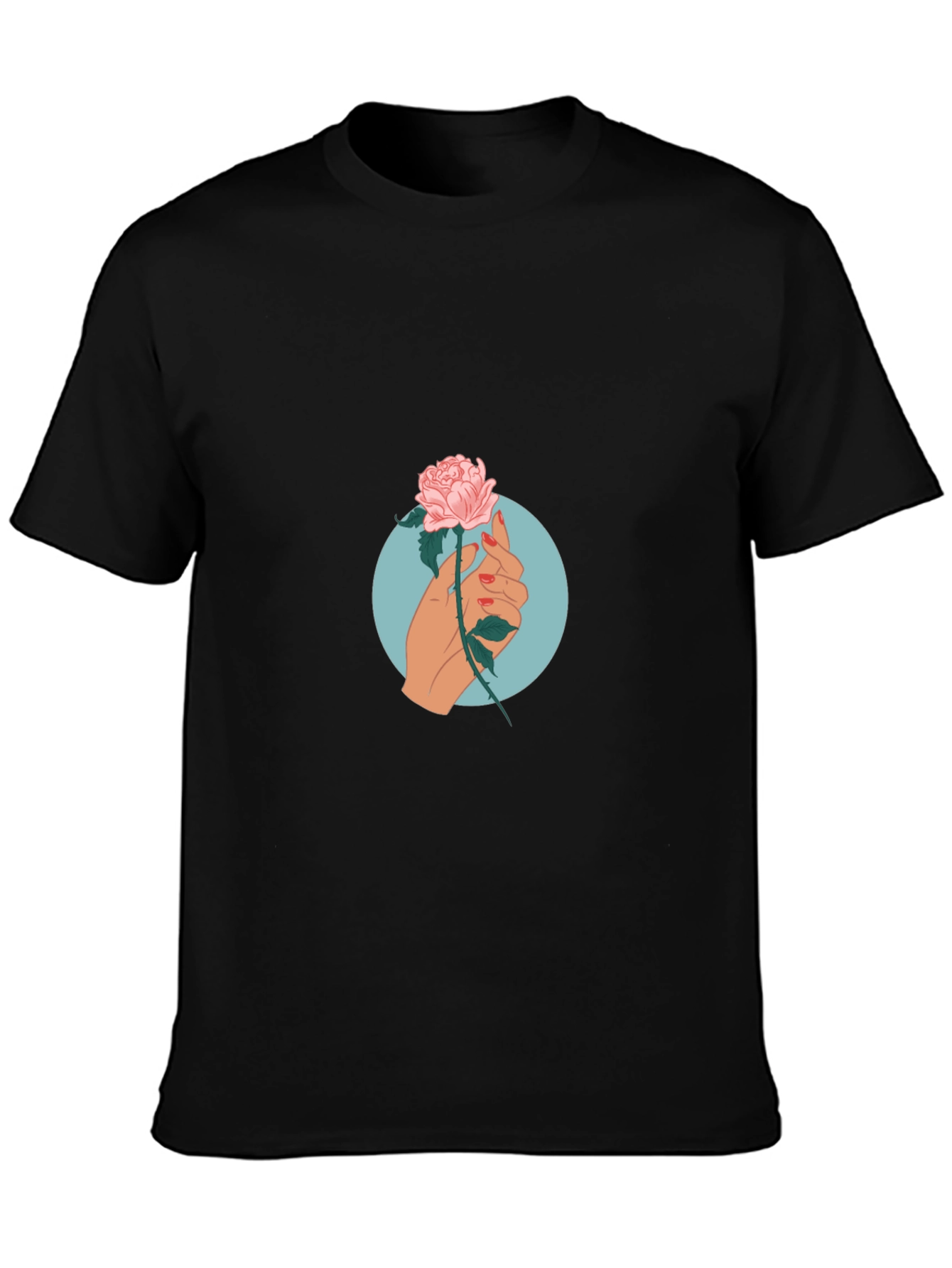 Rose Hand Graphic Print Tee - Casual Black T-Shirt