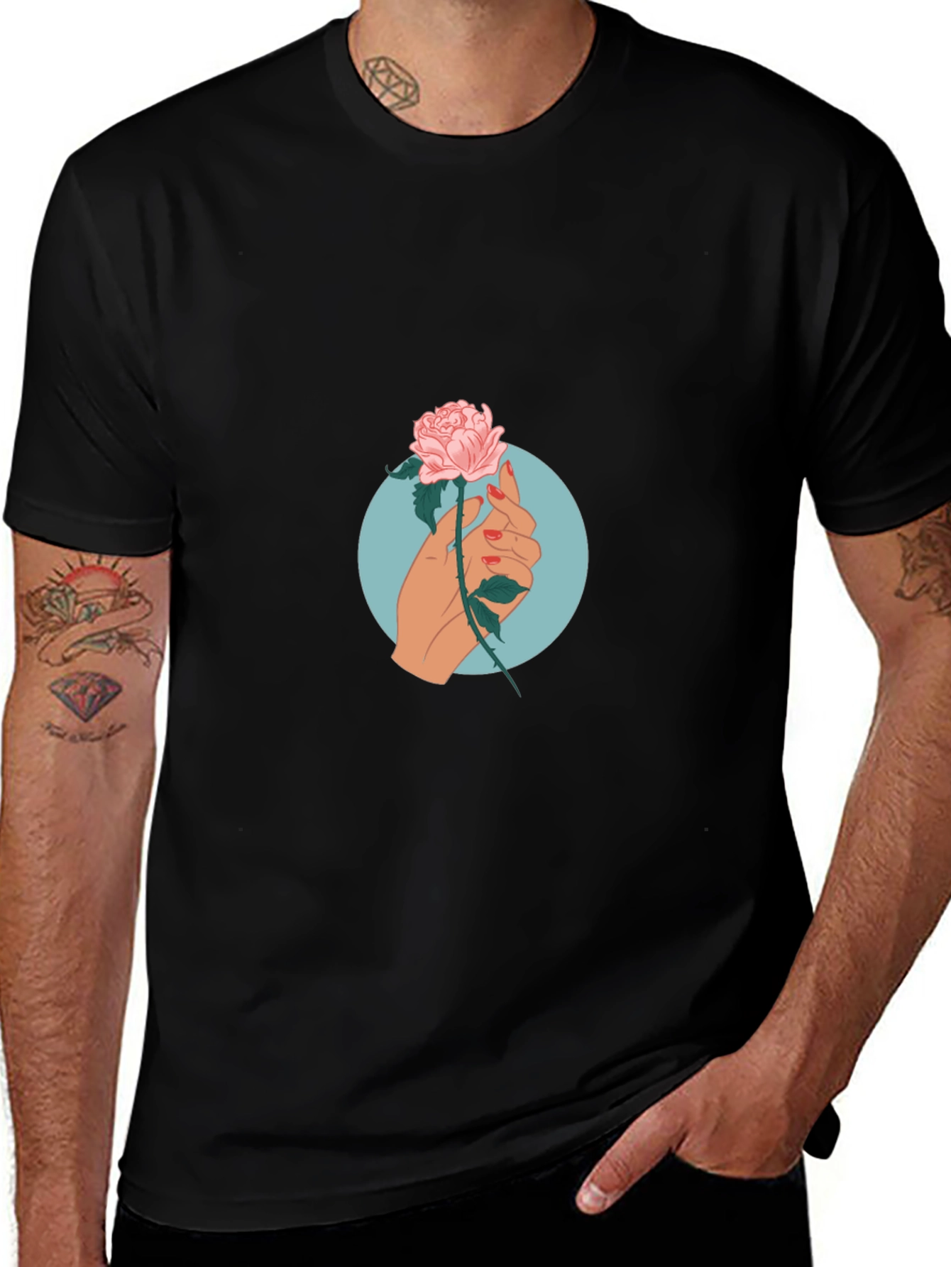 Rose Hand Graphic Print Tee - Casual Black T-Shirt