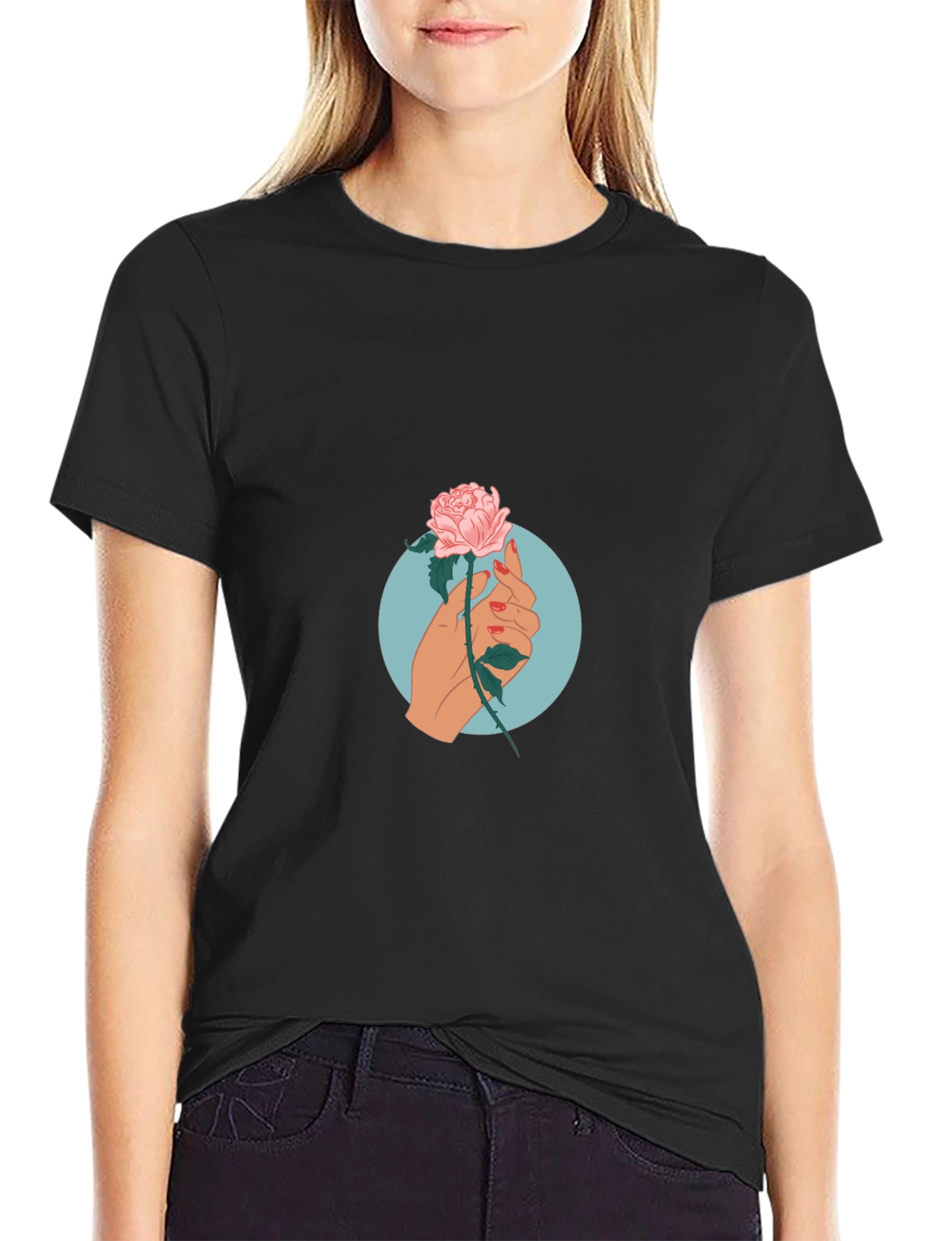 Rose Hand Graphic Print Tee - Casual Black T-Shirt