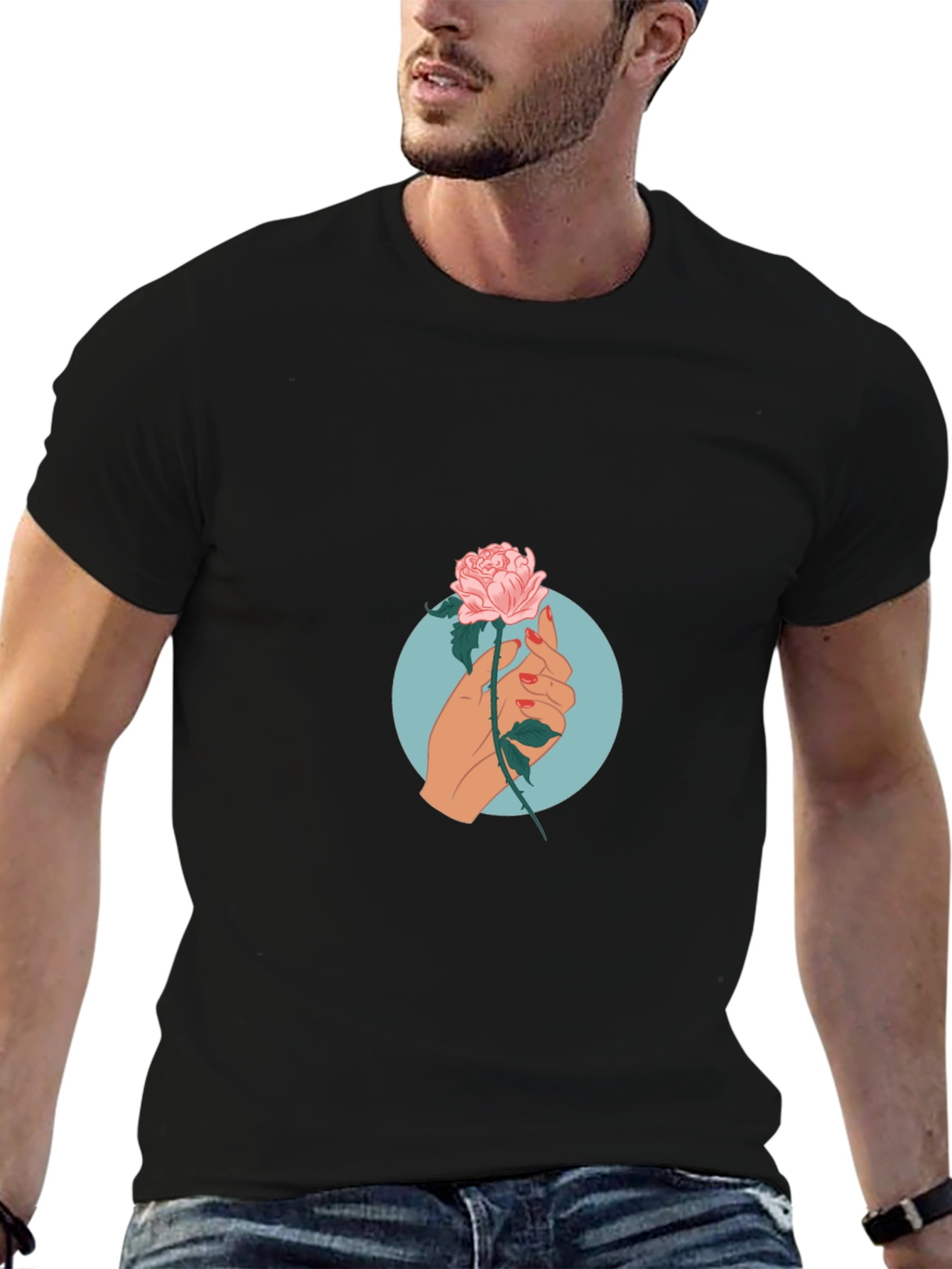 Rose Hand Graphic Print Tee - Casual Black T-Shirt