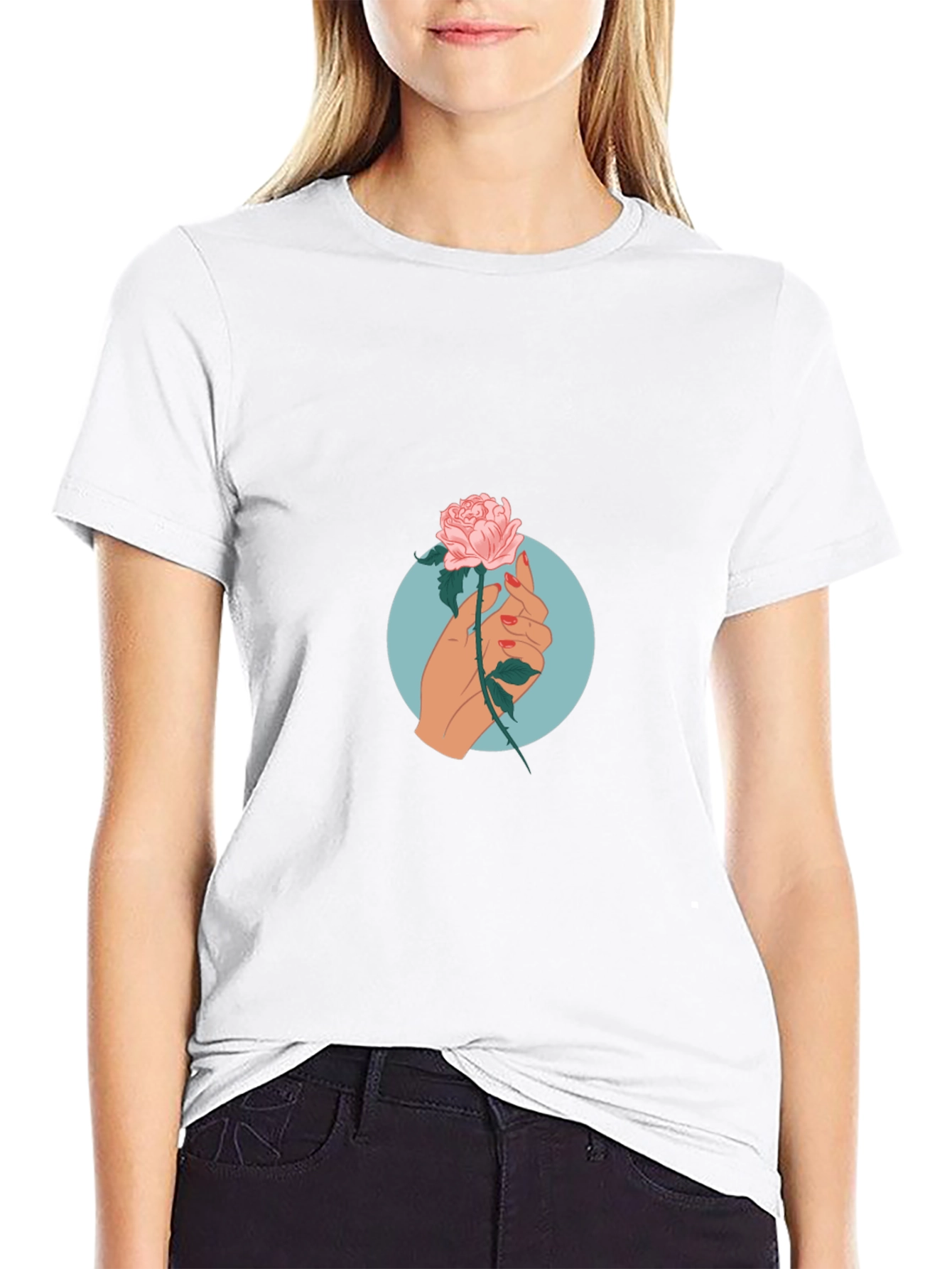 Rose Hand Graphic Print Tee - Casual Black T-Shirt