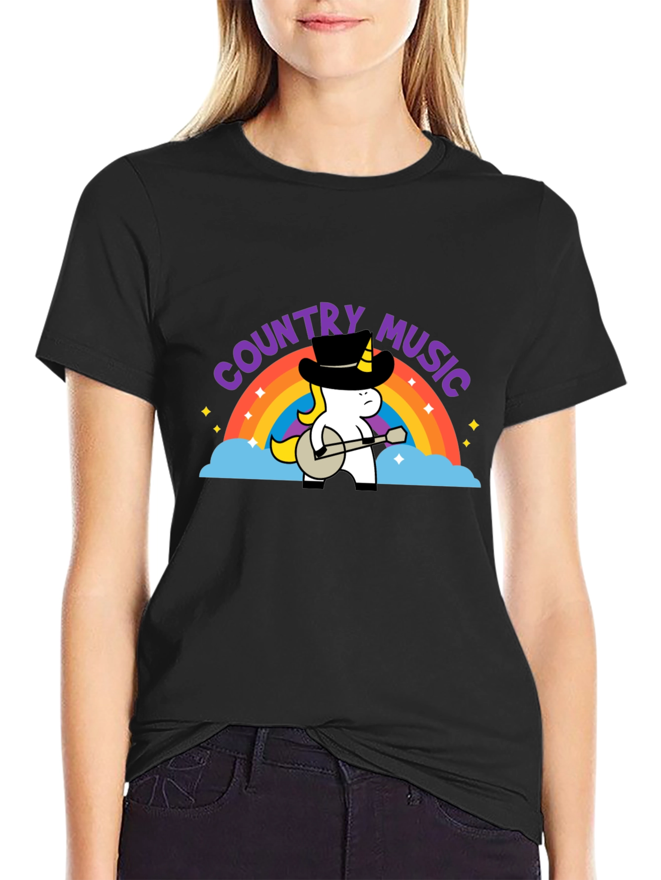 Country Music Unicorn Black T-Shirt