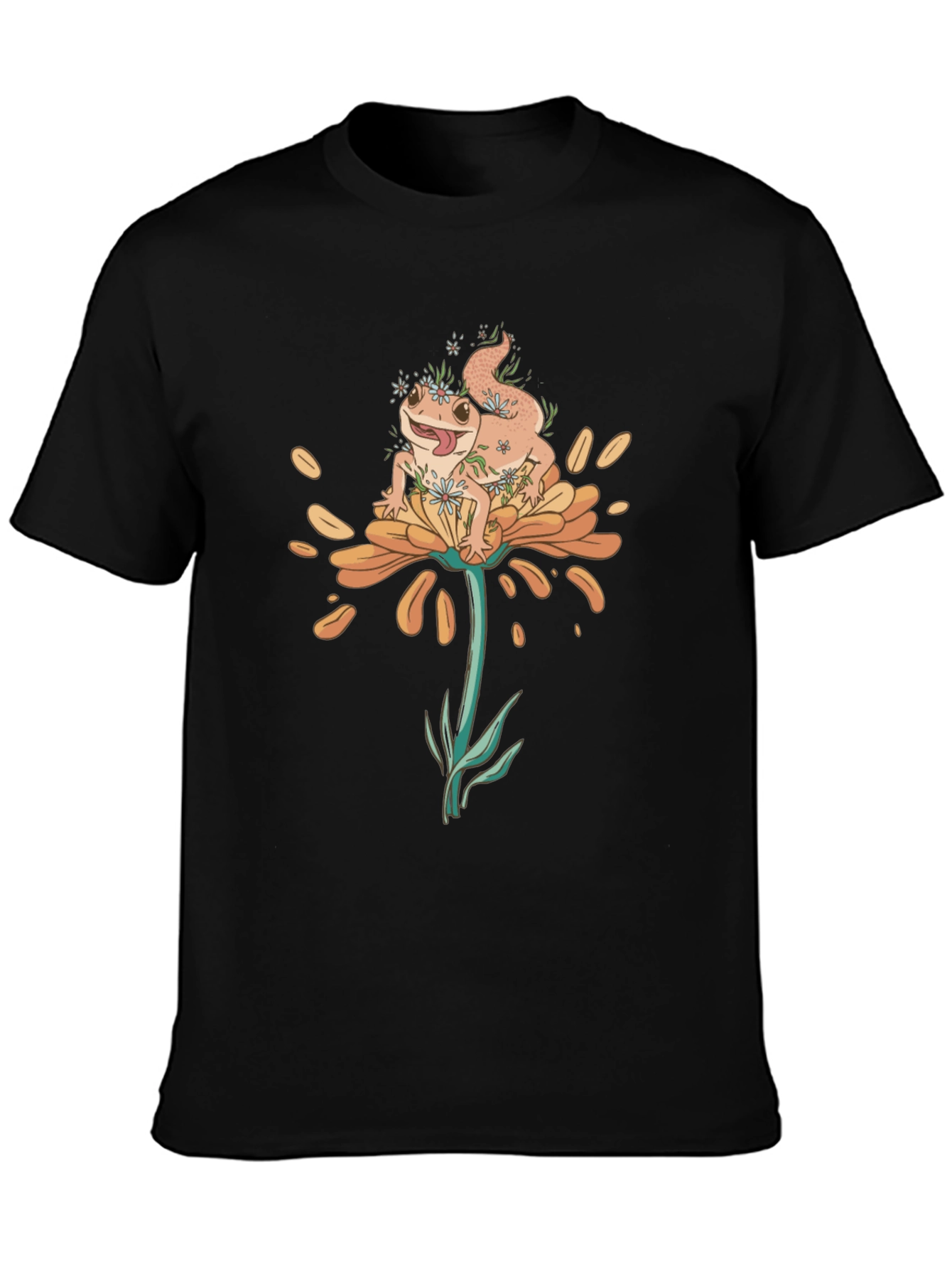 Gecko on Flower Graphic T-Shirt - Black