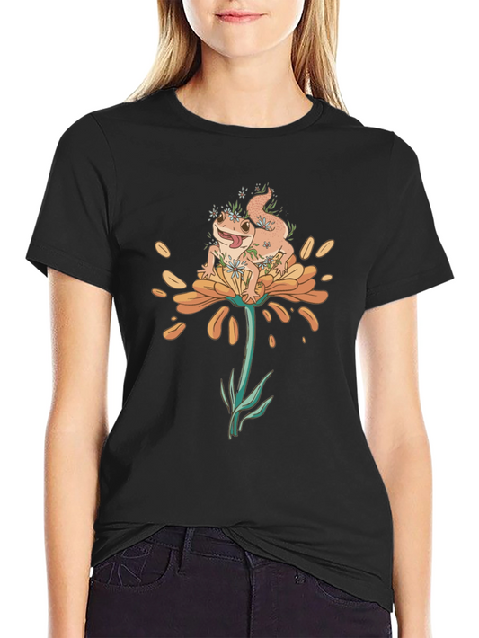 Gecko on Flower Graphic T-Shirt - Black