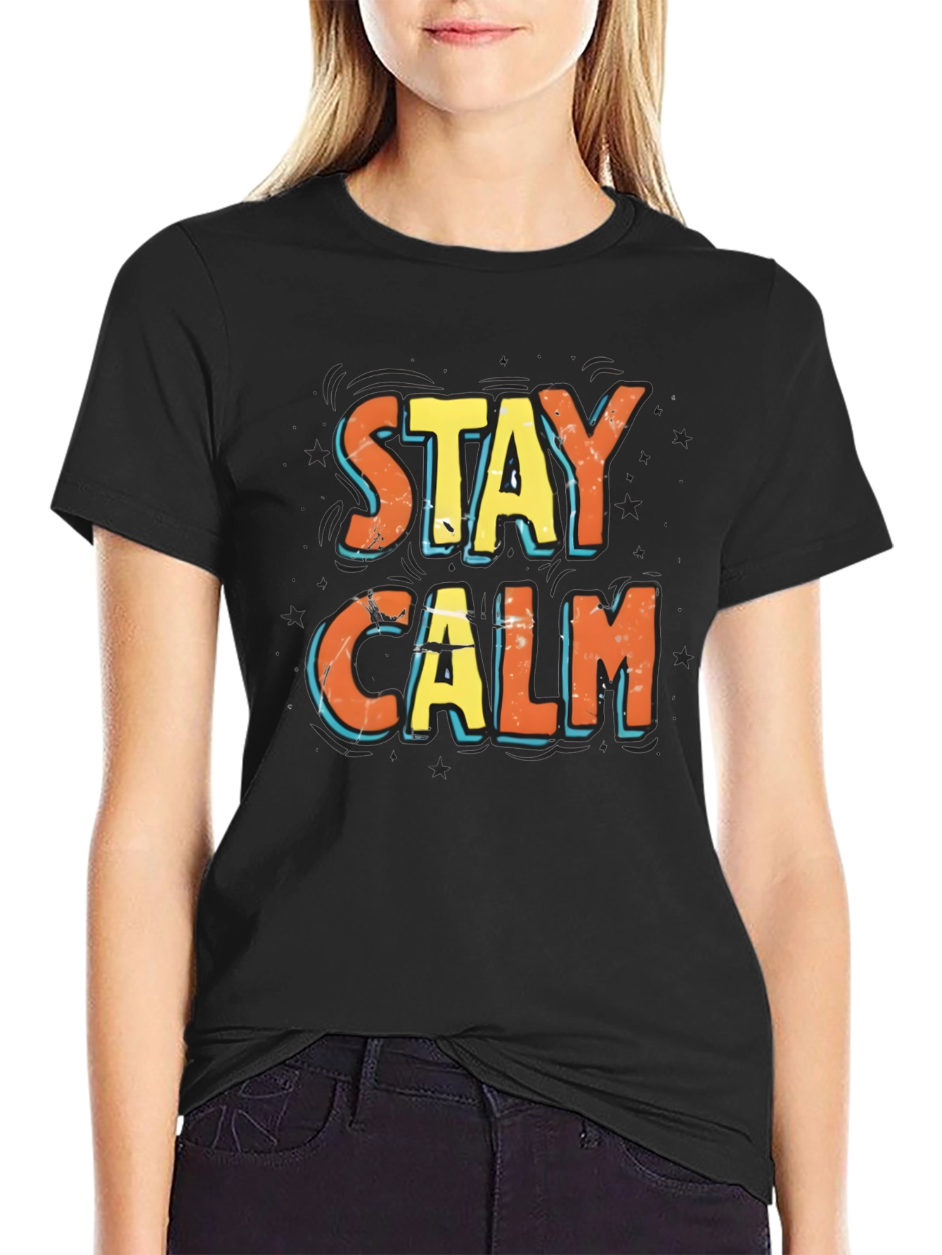 Stay Calm Graphic Print Black T-Shirt