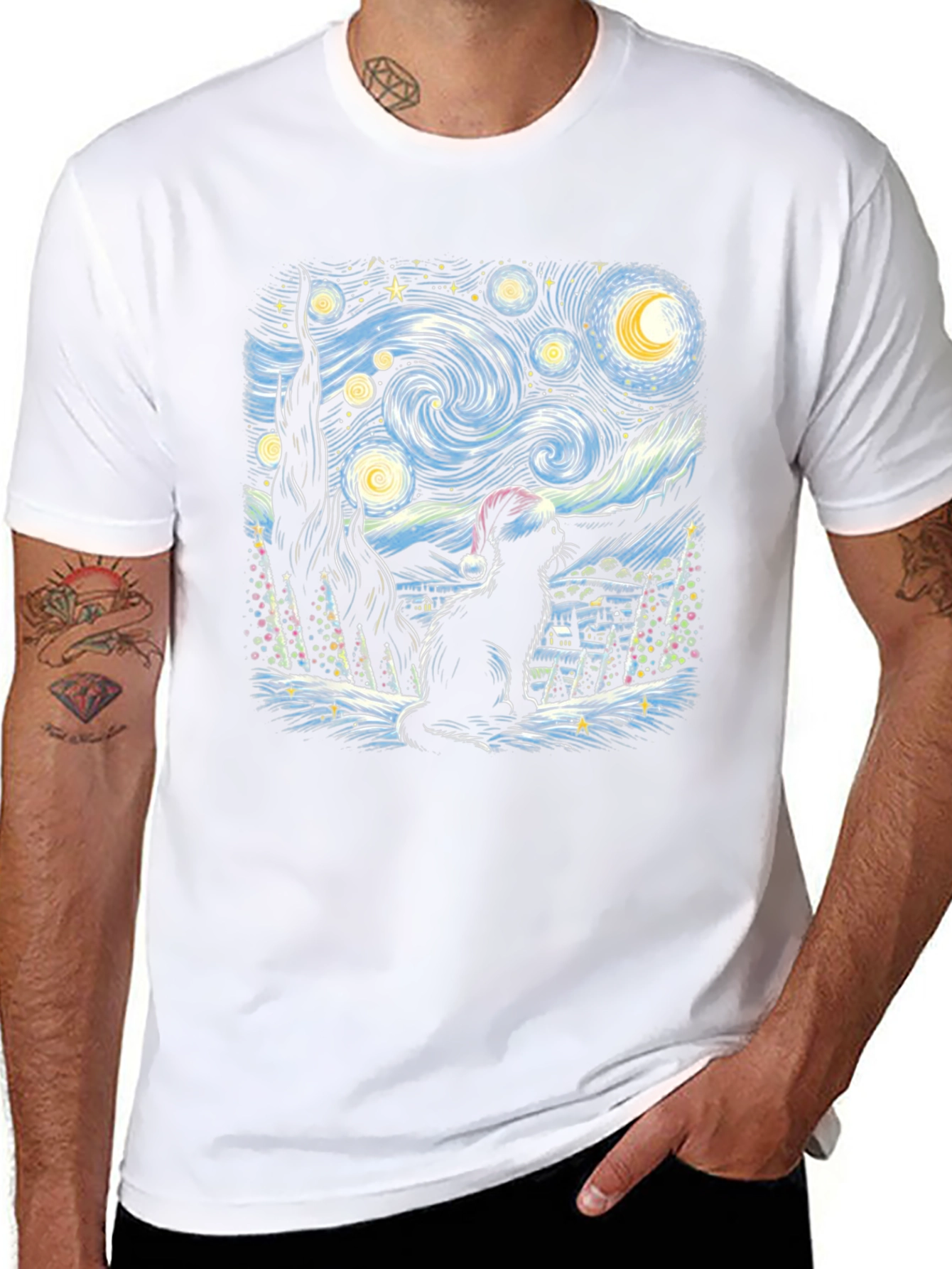 Starry Night Cat Christmas T-Shirt