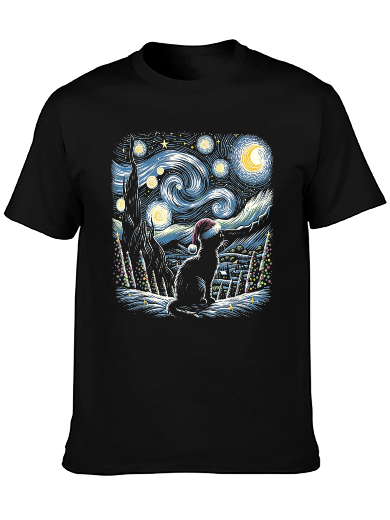 Starry Night Cat Christmas T-Shirt