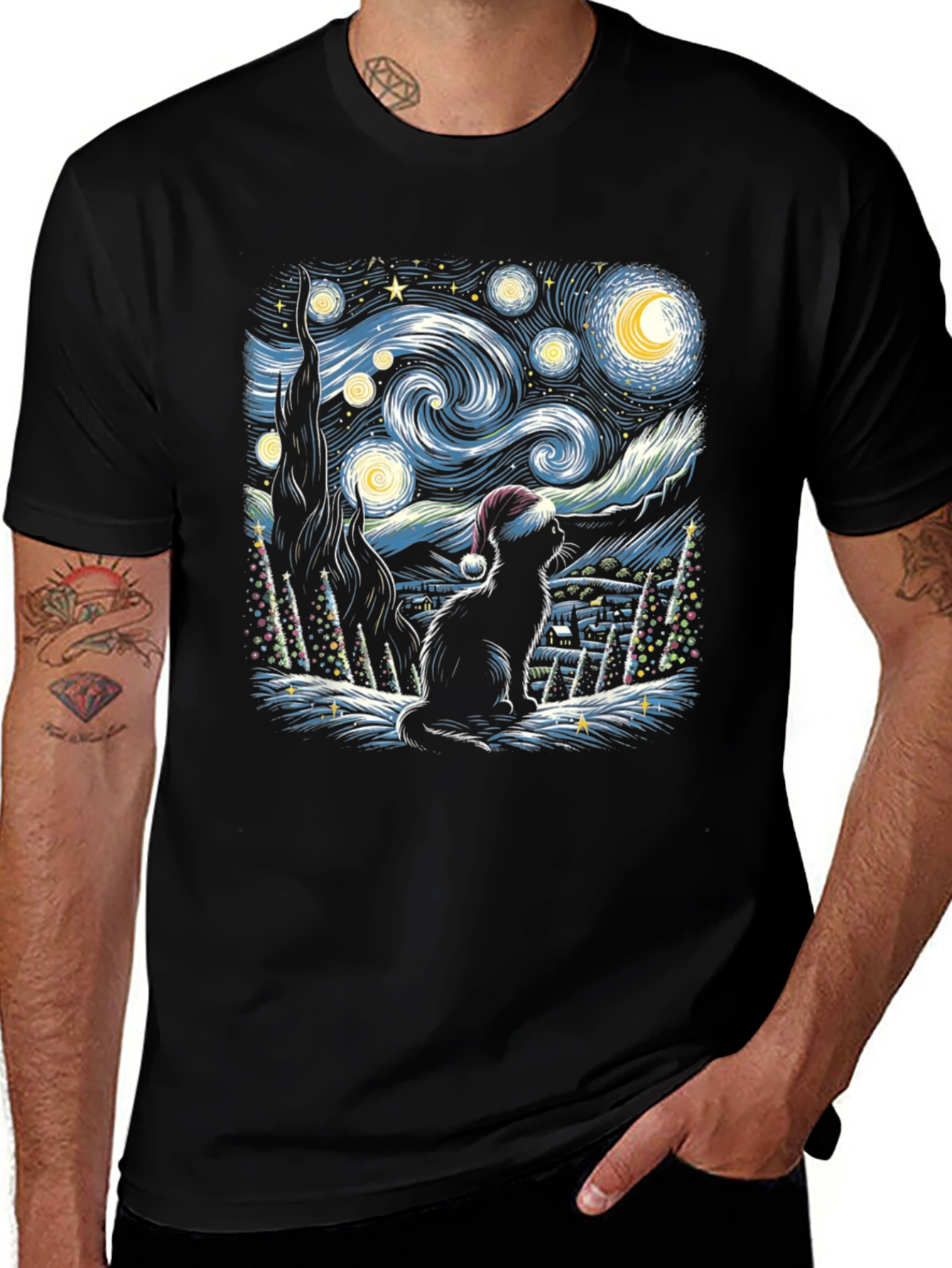 Starry Night Cat Christmas T-Shirt