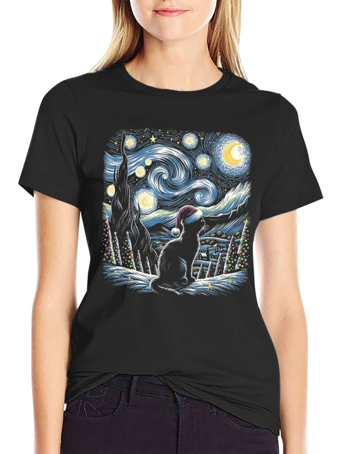 Starry Night Cat Christmas T-Shirt