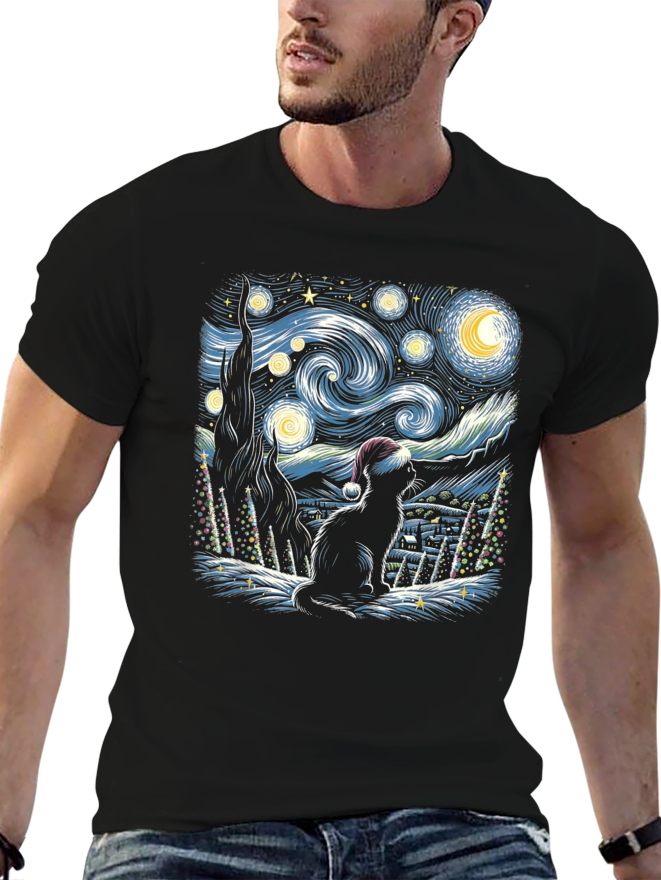 Starry Night Cat Christmas T-Shirt
