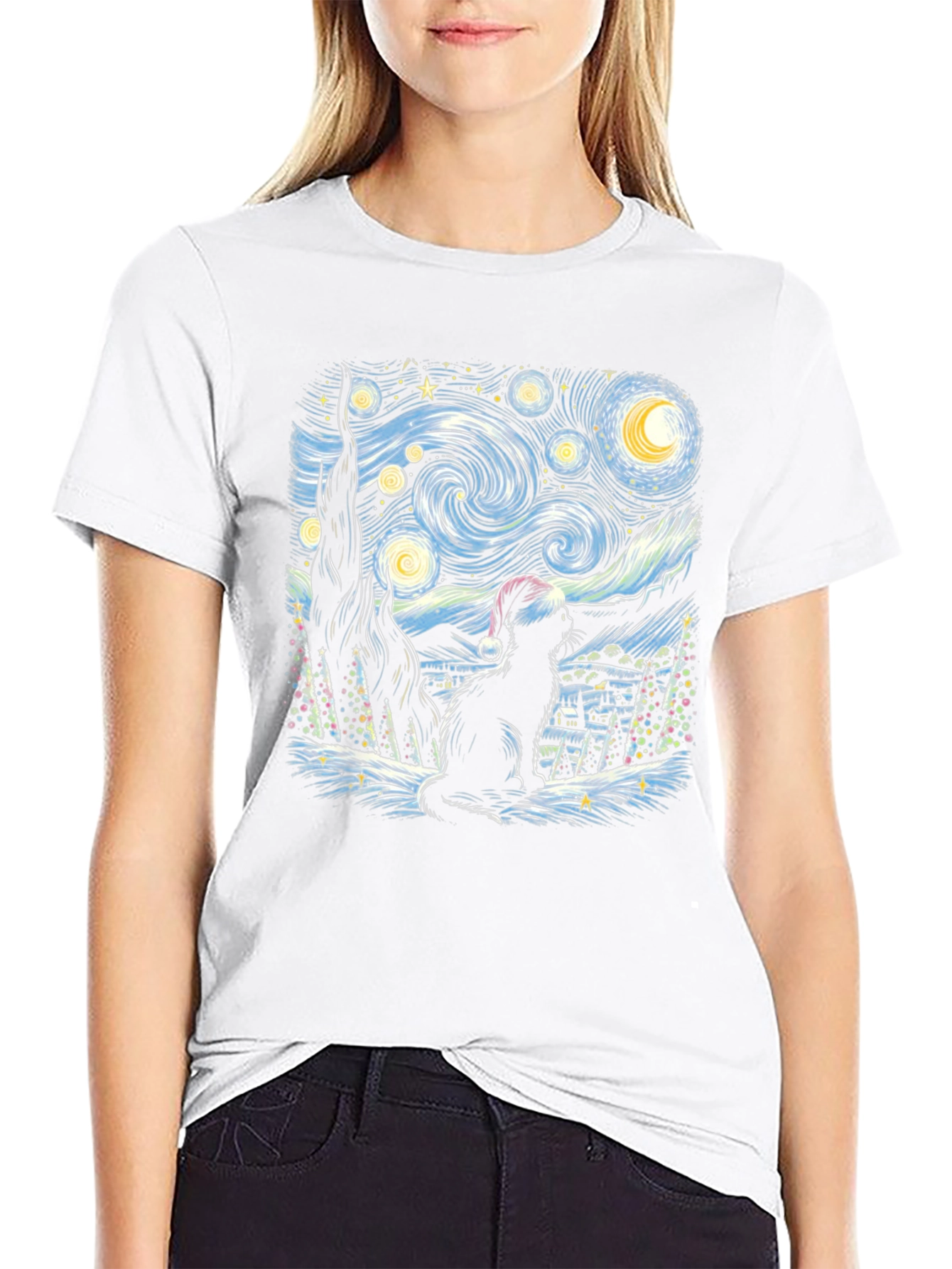 Starry Night Cat Christmas T-Shirt