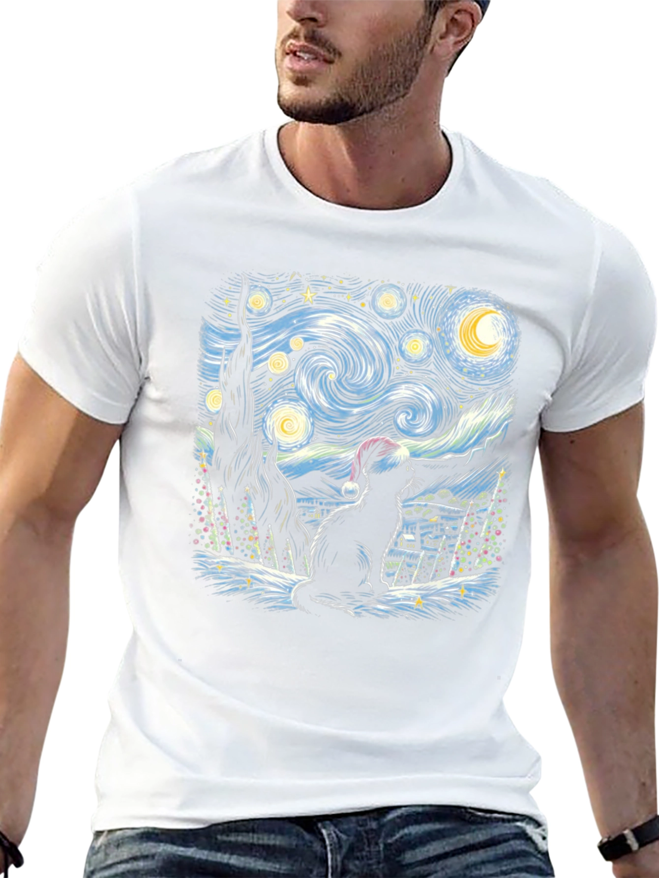 Starry Night Cat Christmas T-Shirt