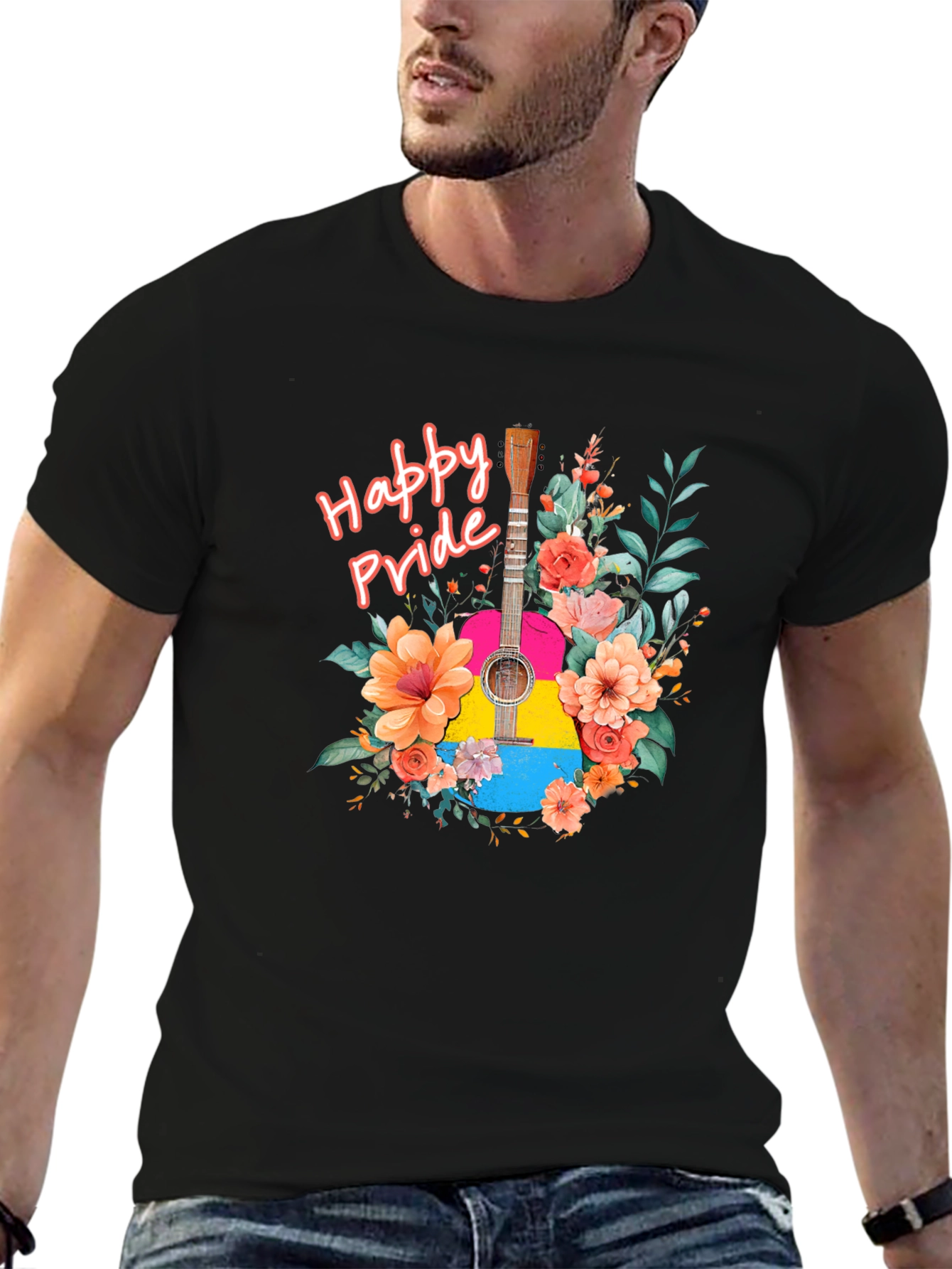 Happy Pride Guitar Floral Graphic T-Shirt