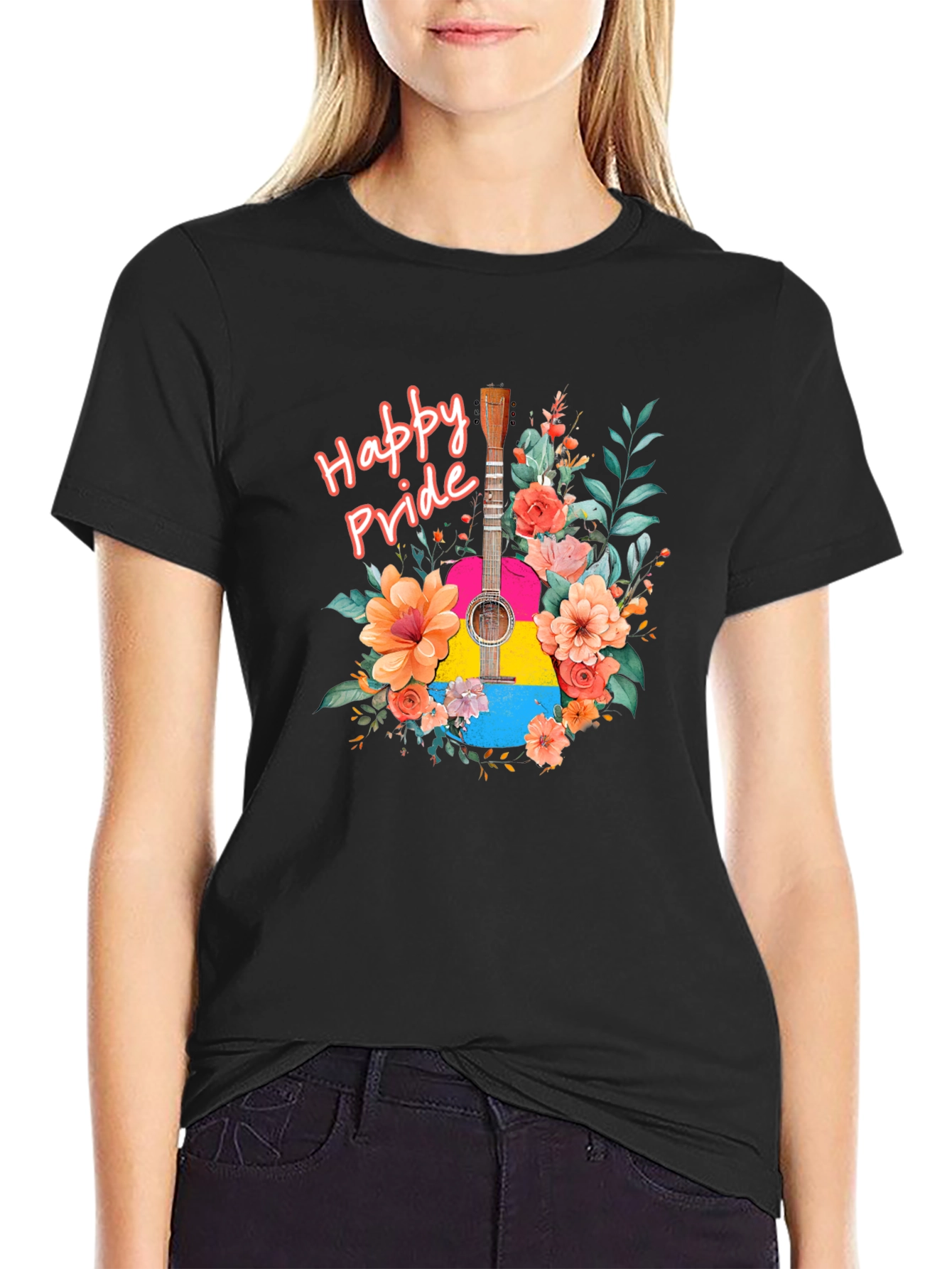 Happy Pride Guitar Floral Graphic T-Shirt