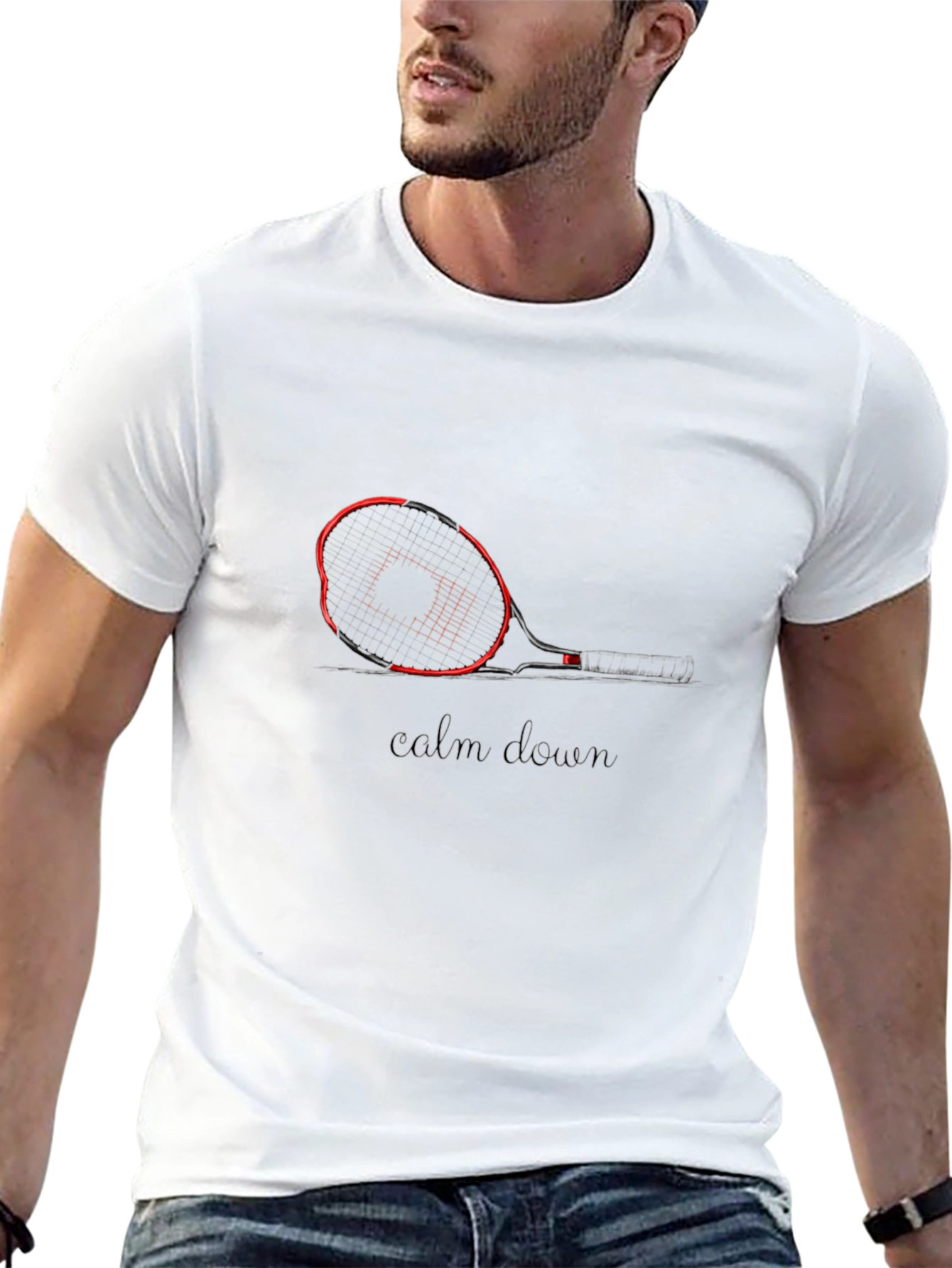 Mens Black Tennis Graphic Tee - Calm Down Slogan