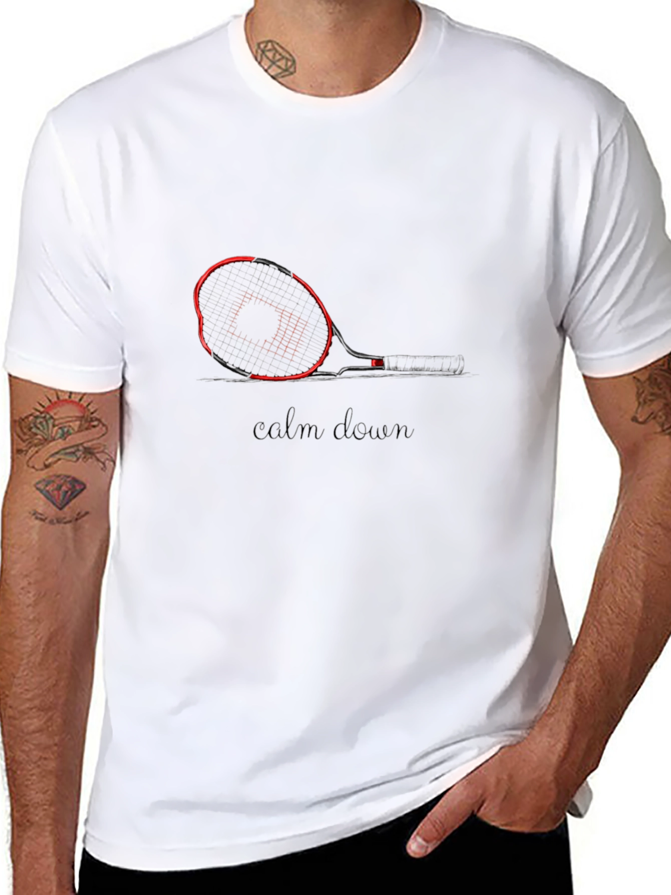 Mens Black Tennis Graphic Tee - Calm Down Slogan