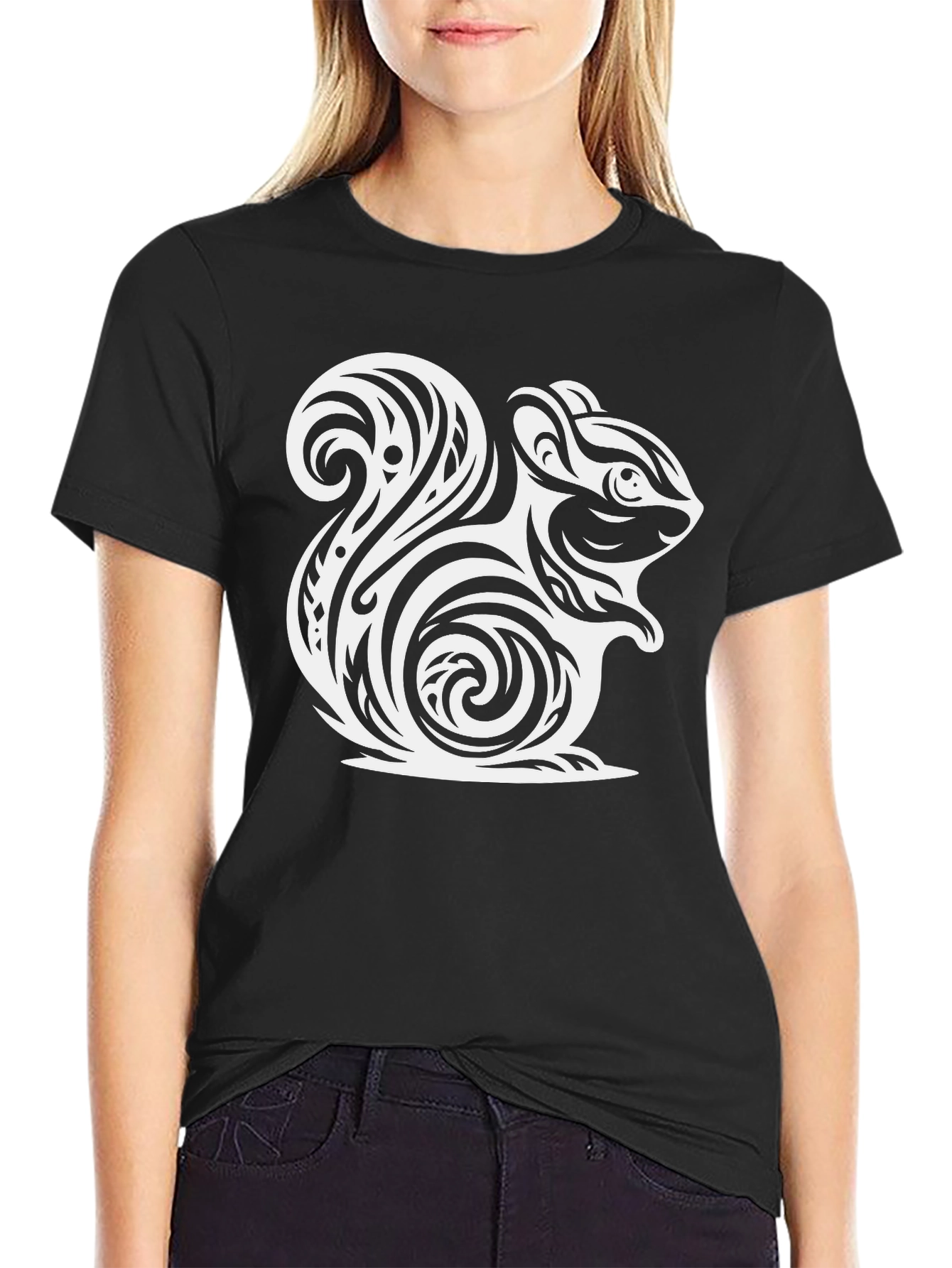 Tribal Squirrel Graphic Tee - Black Cotton Casual Shirt