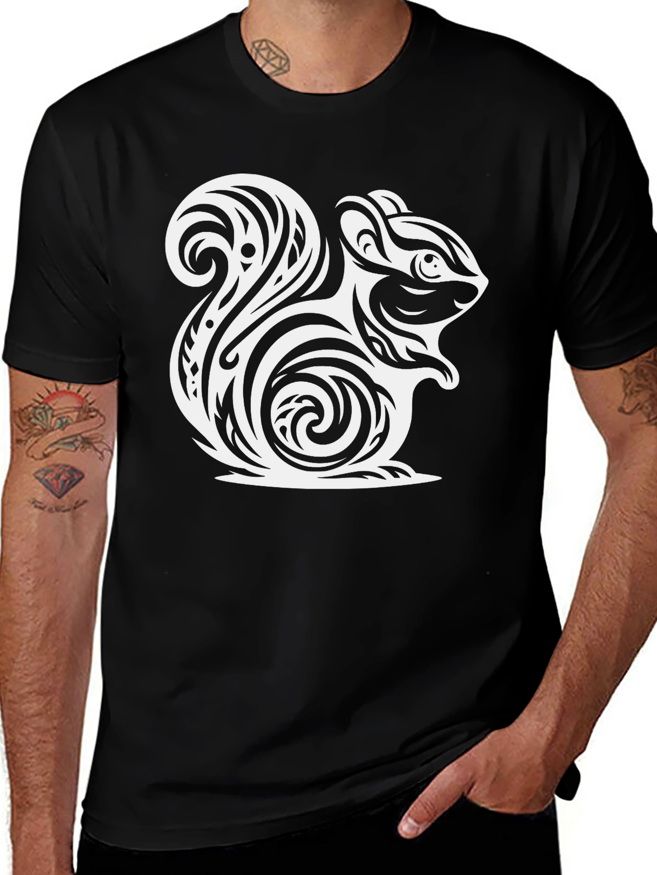 Tribal Squirrel Graphic Tee - Black Cotton Casual Shirt