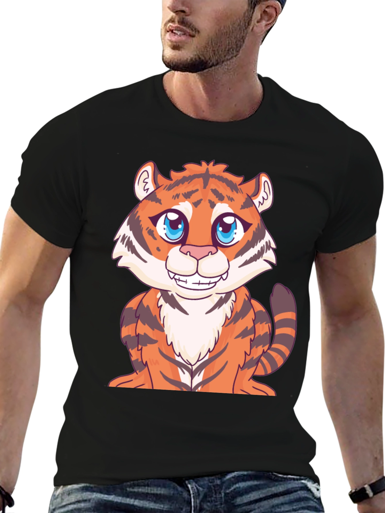 Cute Cartoon Tiger Graphic Black T-Shirt