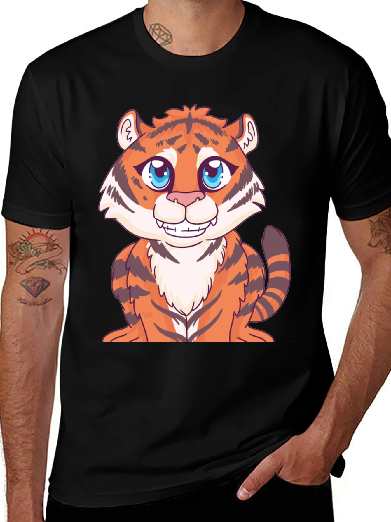 Cute Cartoon Tiger Graphic Black T-Shirt
