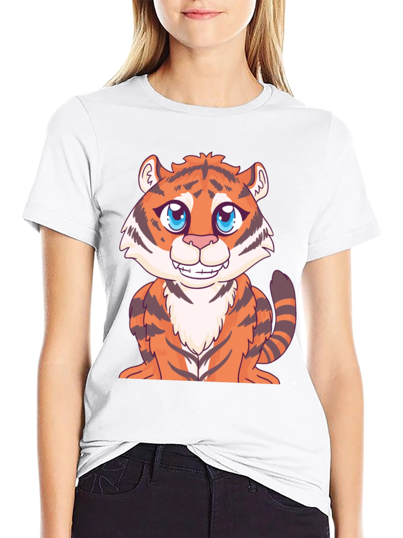 Cute Cartoon Tiger Graphic Black T-Shirt