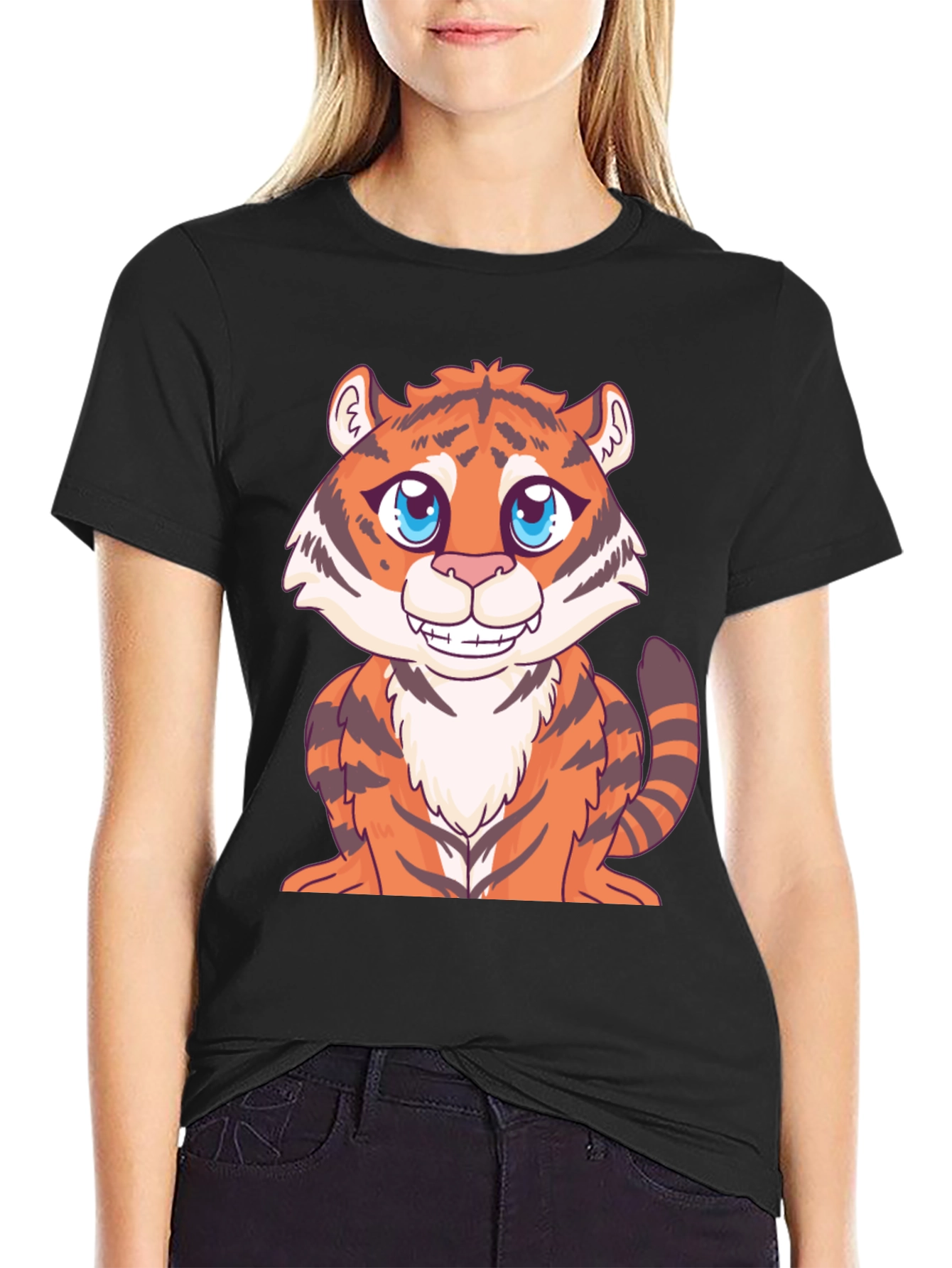 Cute Cartoon Tiger Graphic Black T-Shirt