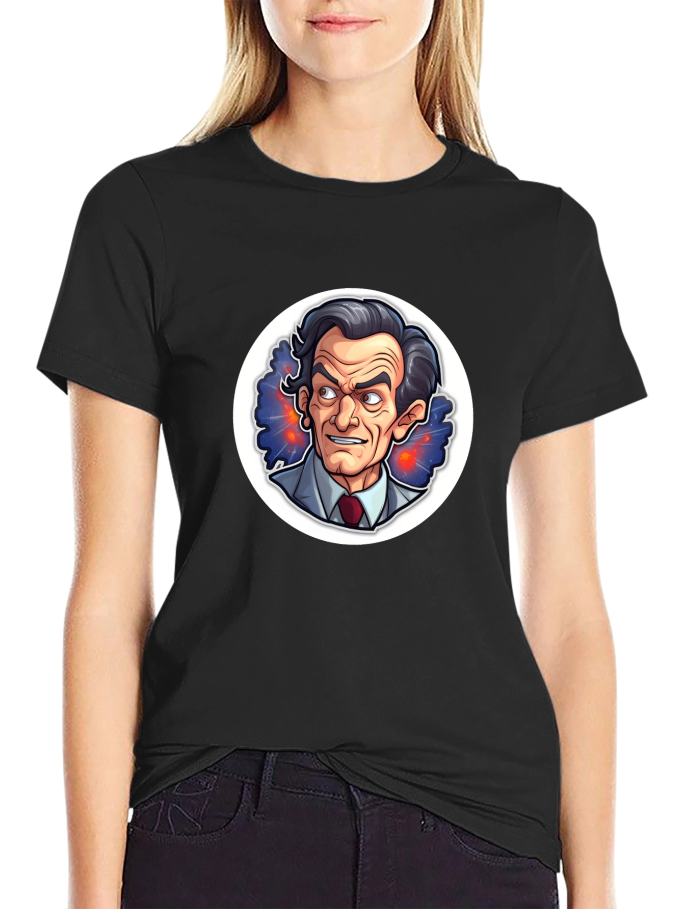 Black T-Shirt with Cartoon Mad Scientist Design
