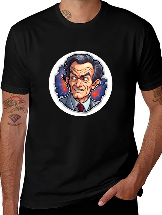 Black T-Shirt with Cartoon Mad Scientist Design