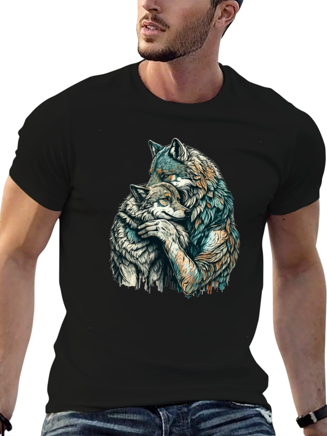 Wolf Hug Graphic Tee - Black Cotton Blend