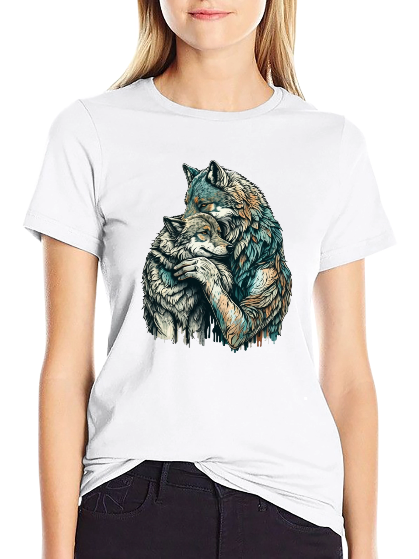 Wolf Hug Graphic Tee - Black Cotton Blend