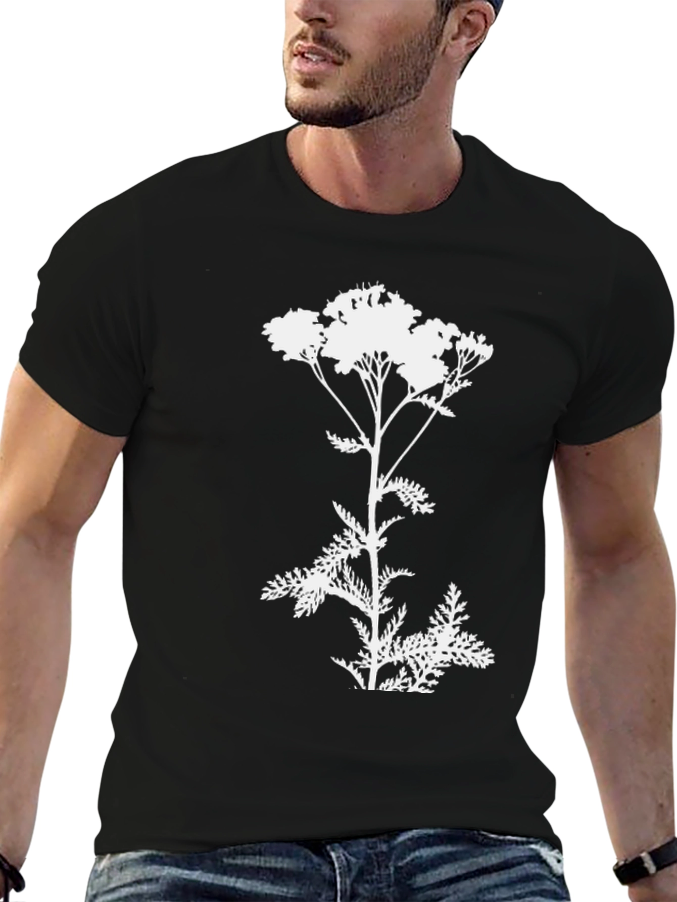 Botanical Yarrow T-Shirt: Black Cotton Graphic Tee