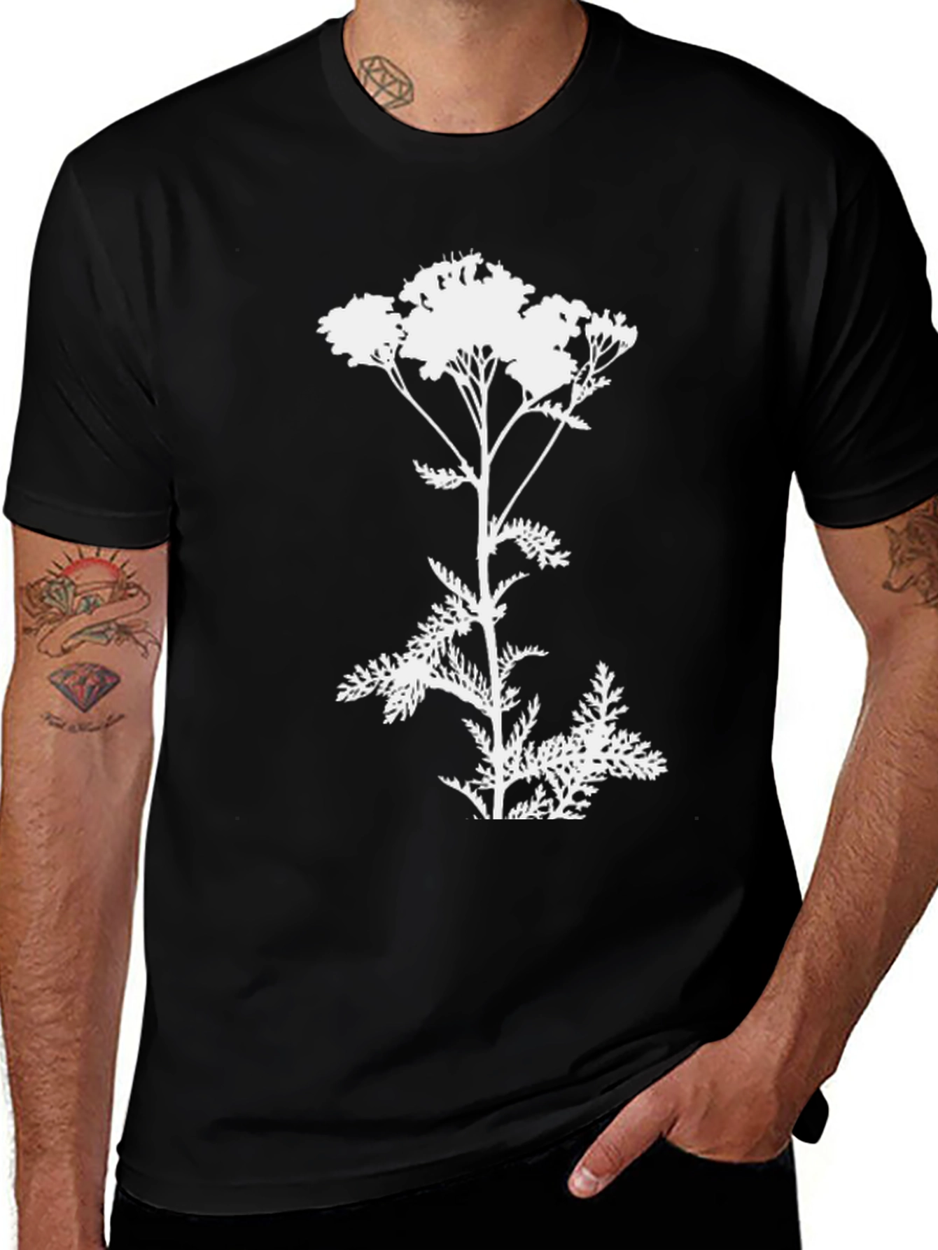Botanical Yarrow T-Shirt: Black Cotton Graphic Tee