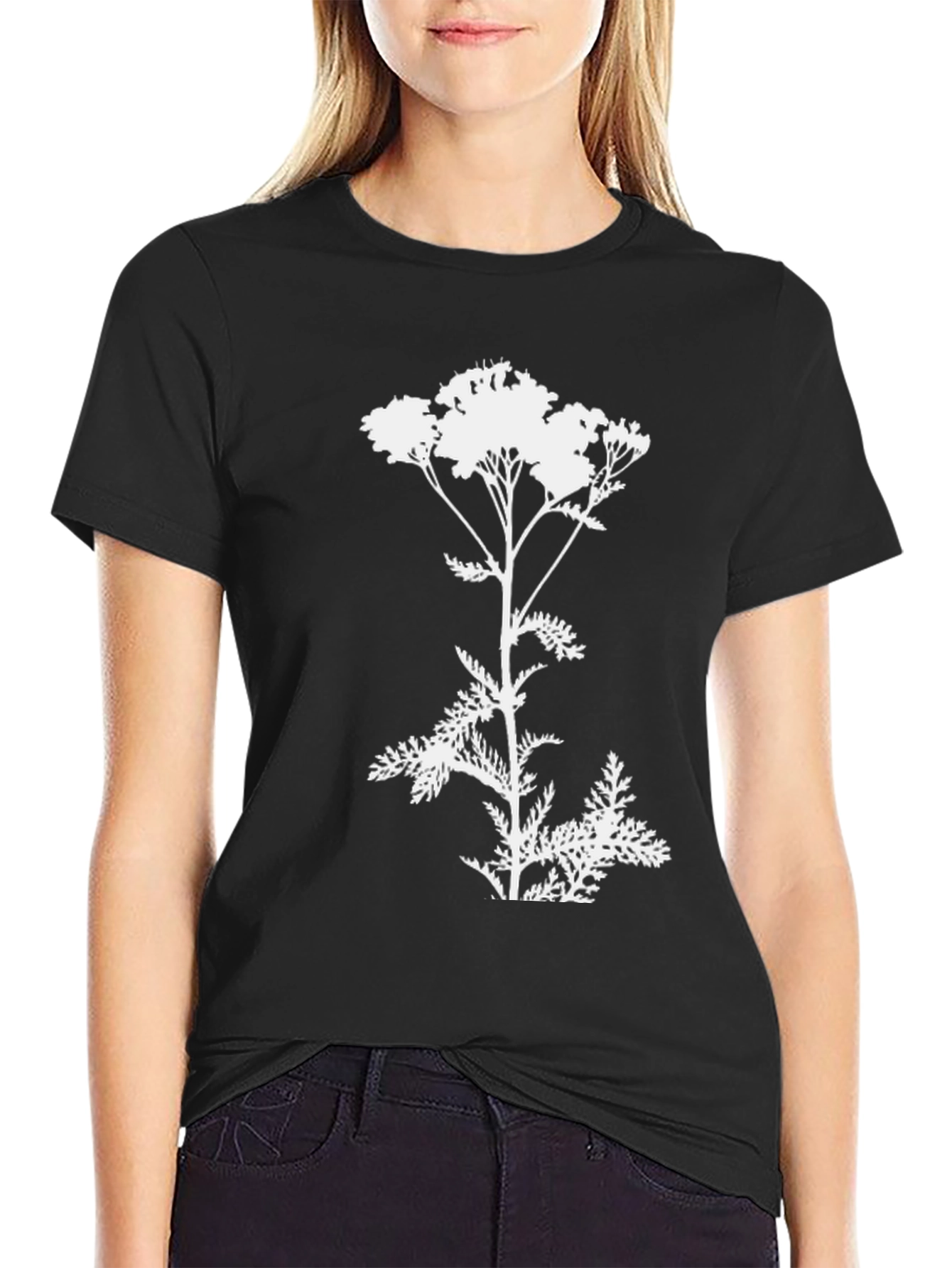 Botanical Yarrow T-Shirt: Black Cotton Graphic Tee