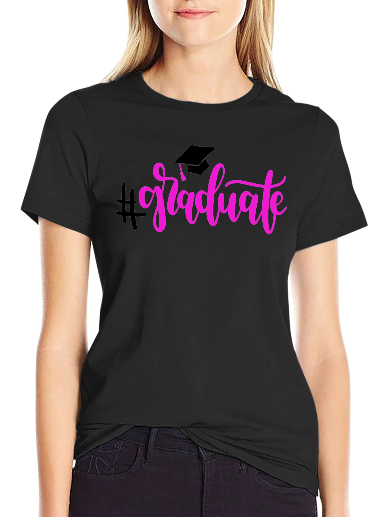 Graduate T-Shirt Black Cotton Pink Graphic