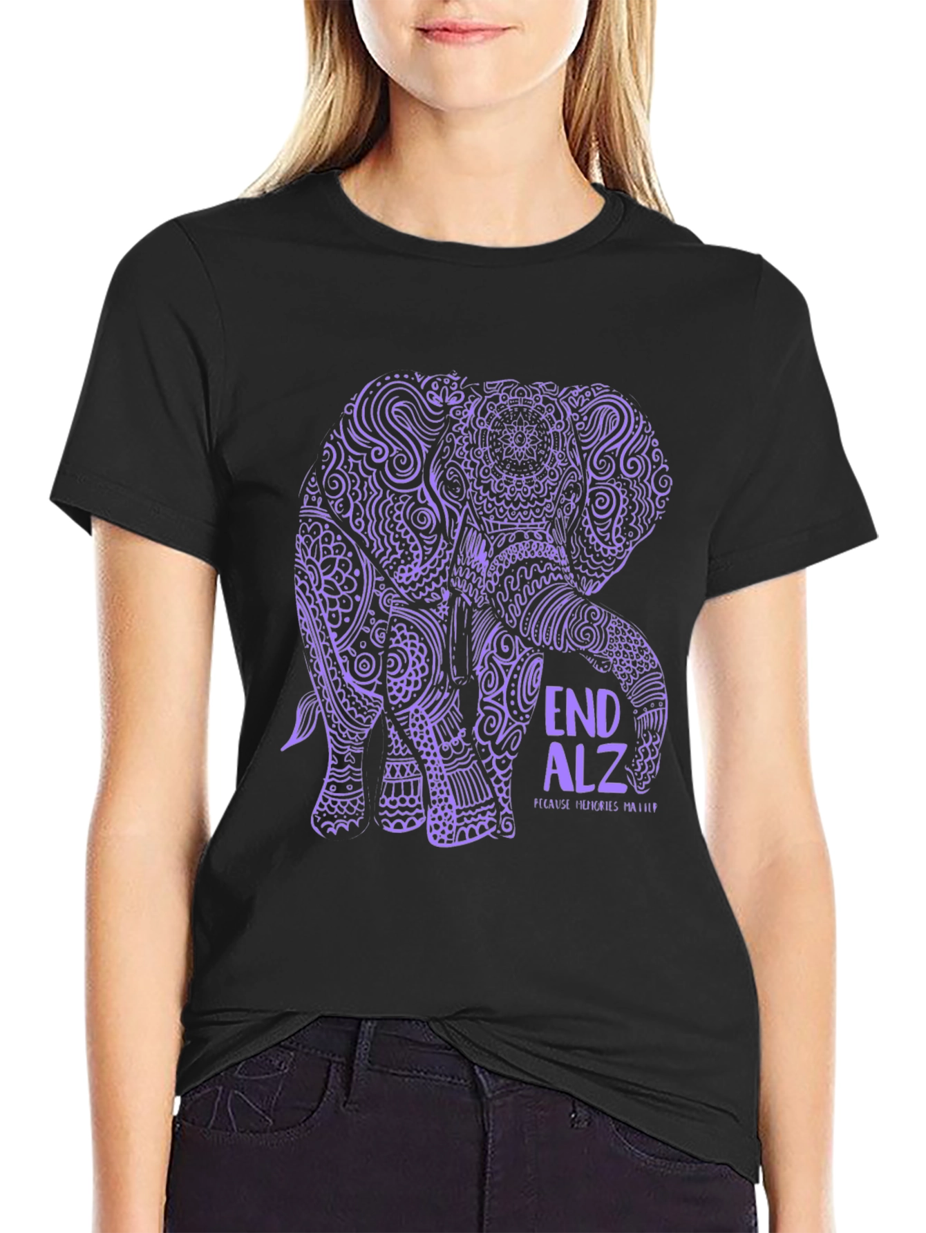 End Alz Elephant T-Shirt Black Cotton