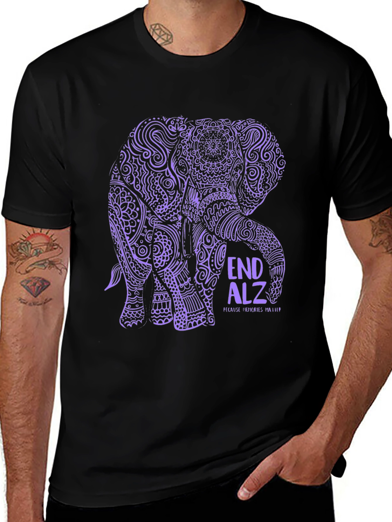 End Alz Elephant T-Shirt Black Cotton