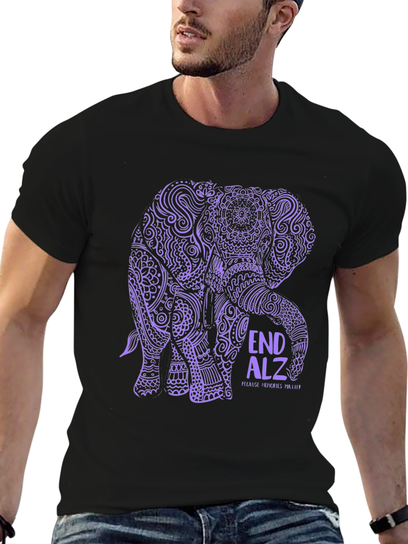 End Alz Elephant T-Shirt Black Cotton
