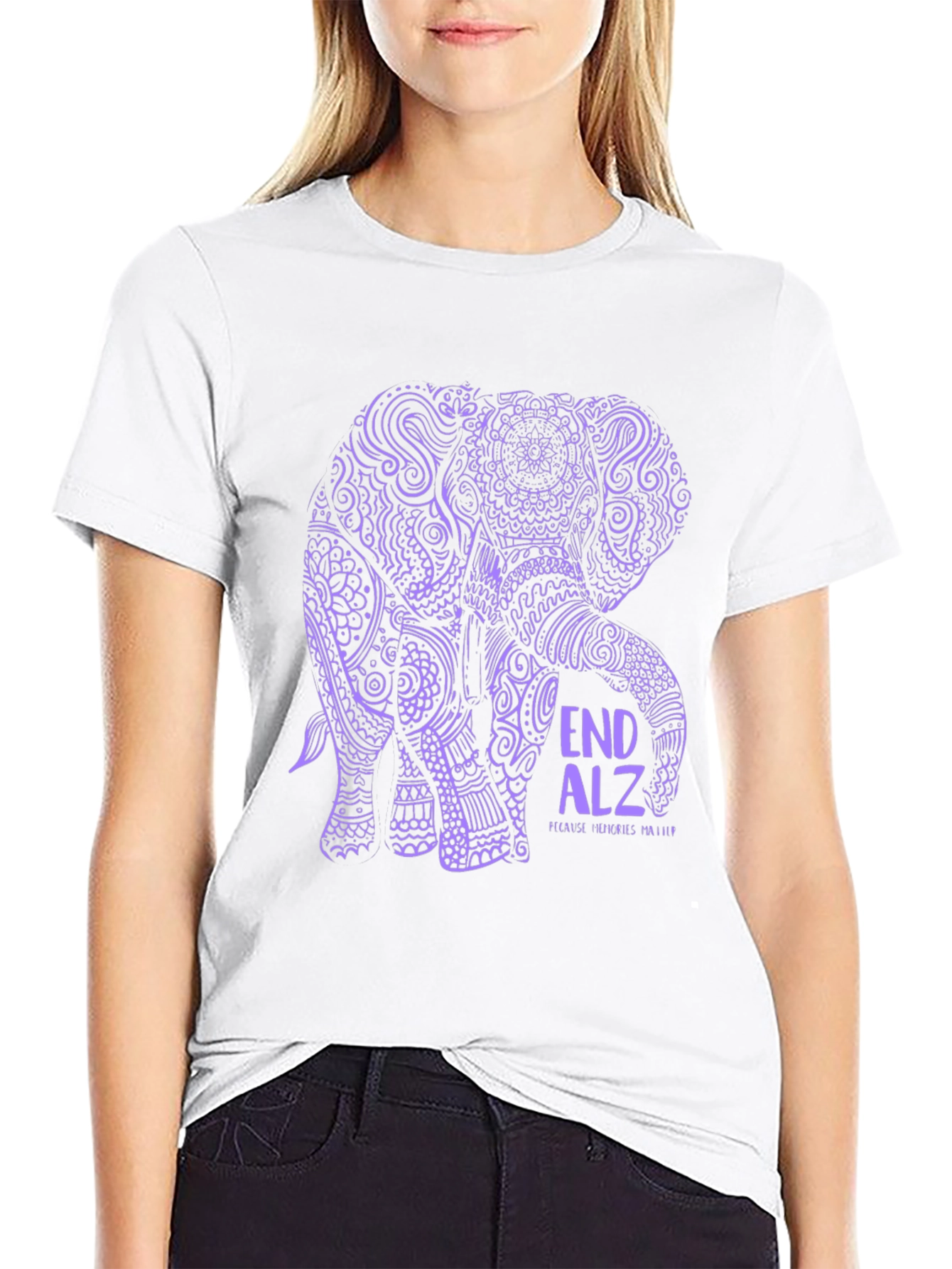 End Alz Elephant T-Shirt Black Cotton
