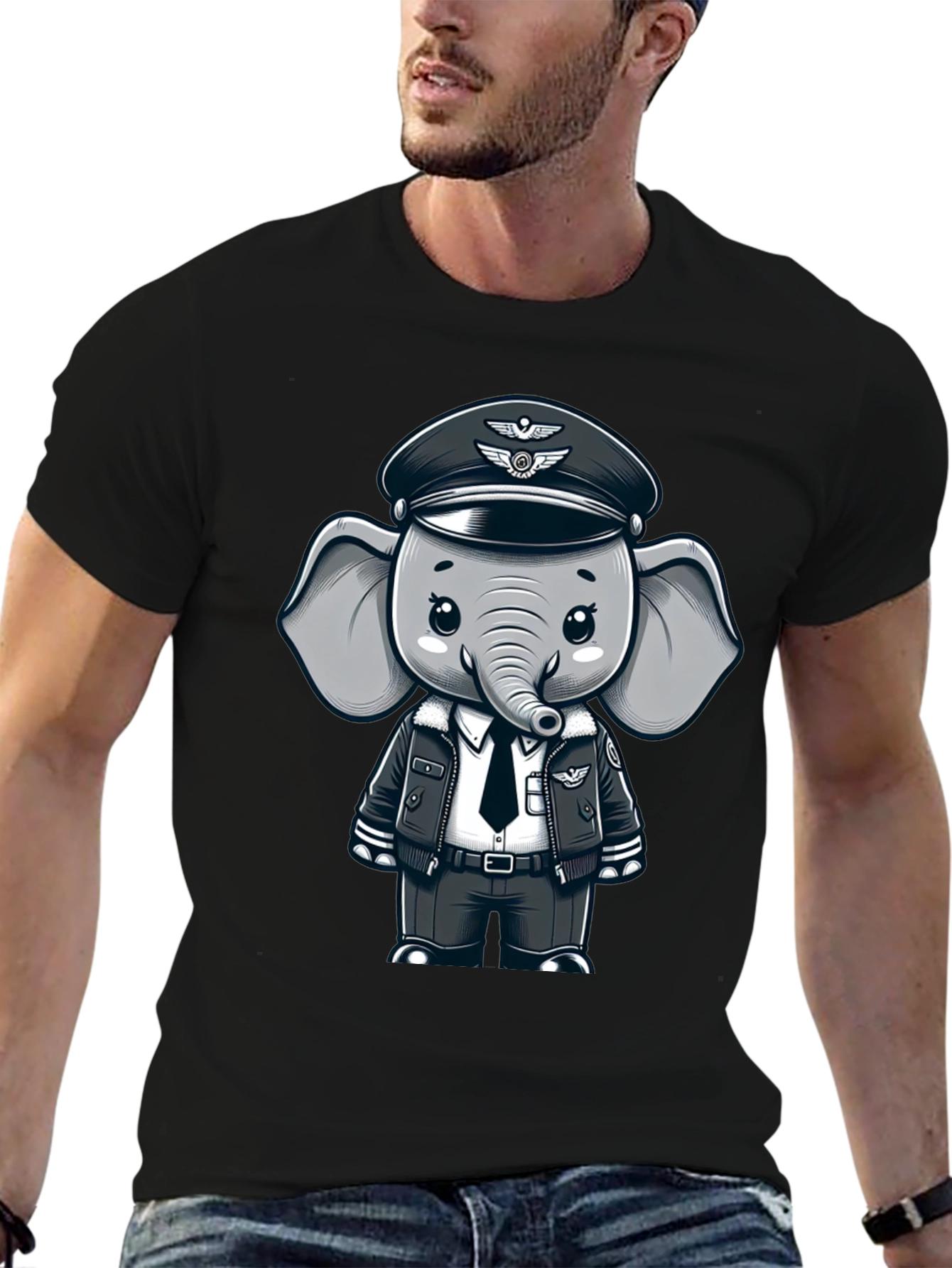 Pilot Elephant T-Shirt - Black Crew Neck