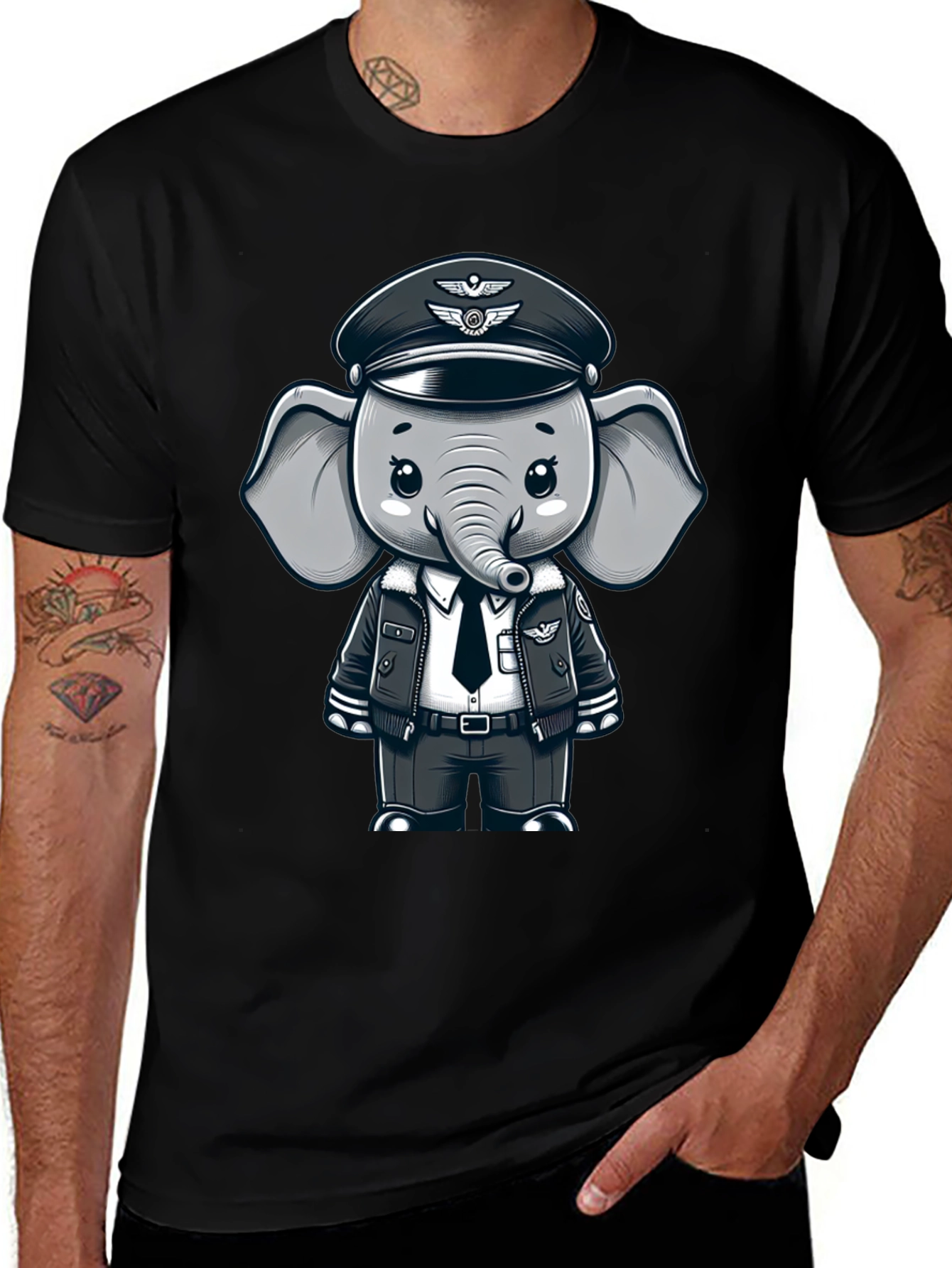 Pilot Elephant T-Shirt - Black Crew Neck