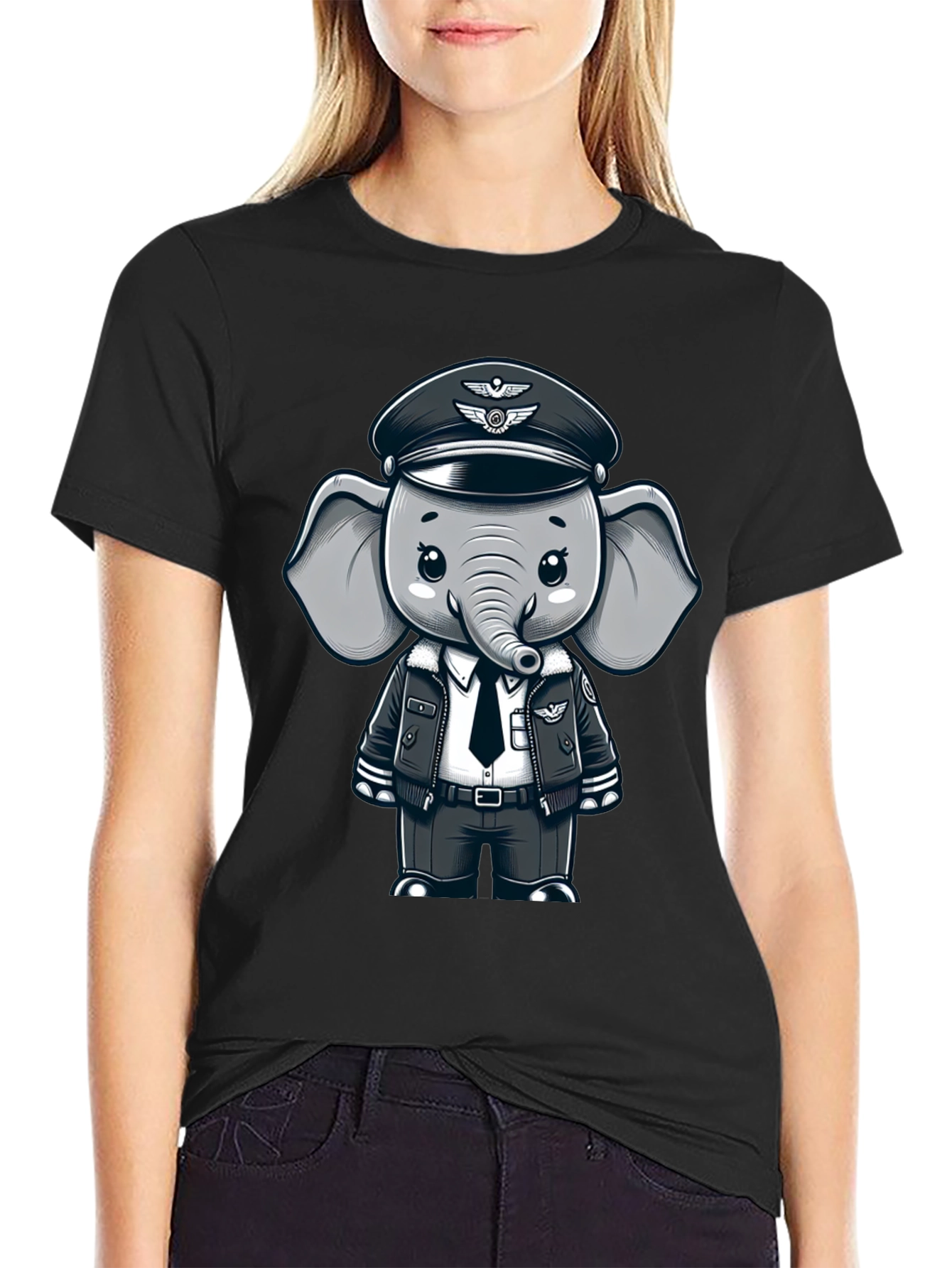 Pilot Elephant T-Shirt - Black Crew Neck