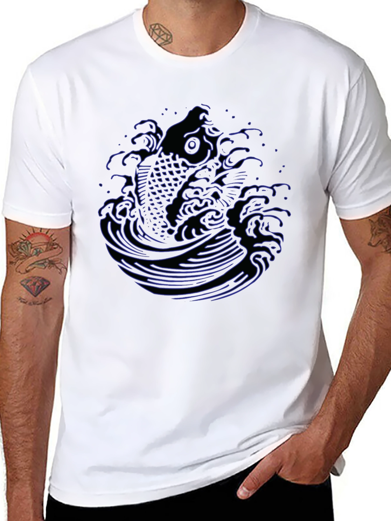 Koi Fish Wave Graphic Tee - Mens Black T-Shirt