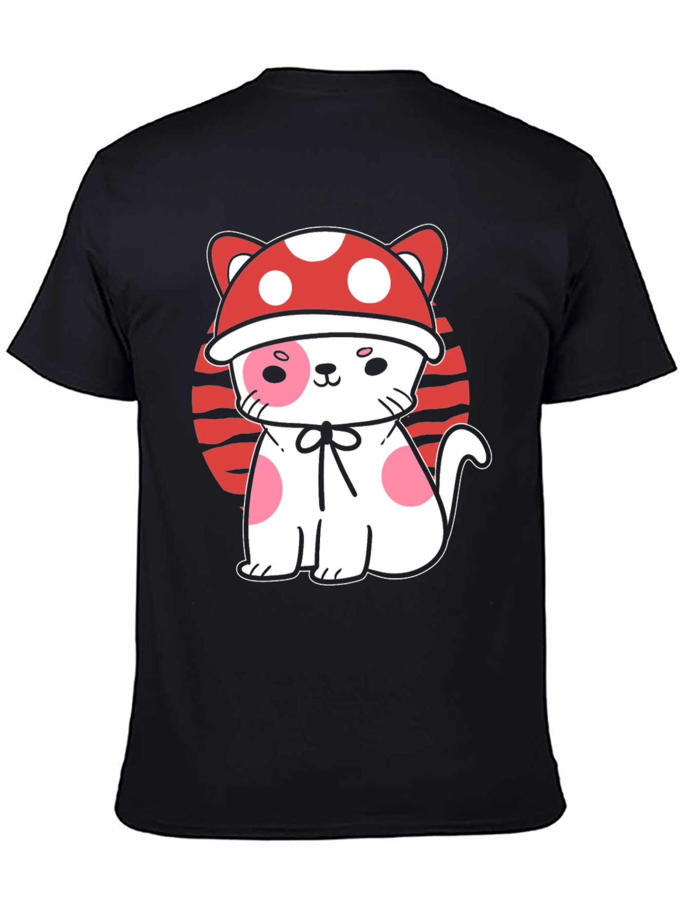Mushroom Cat Graphic Tee - Black Cotton T-Shirt