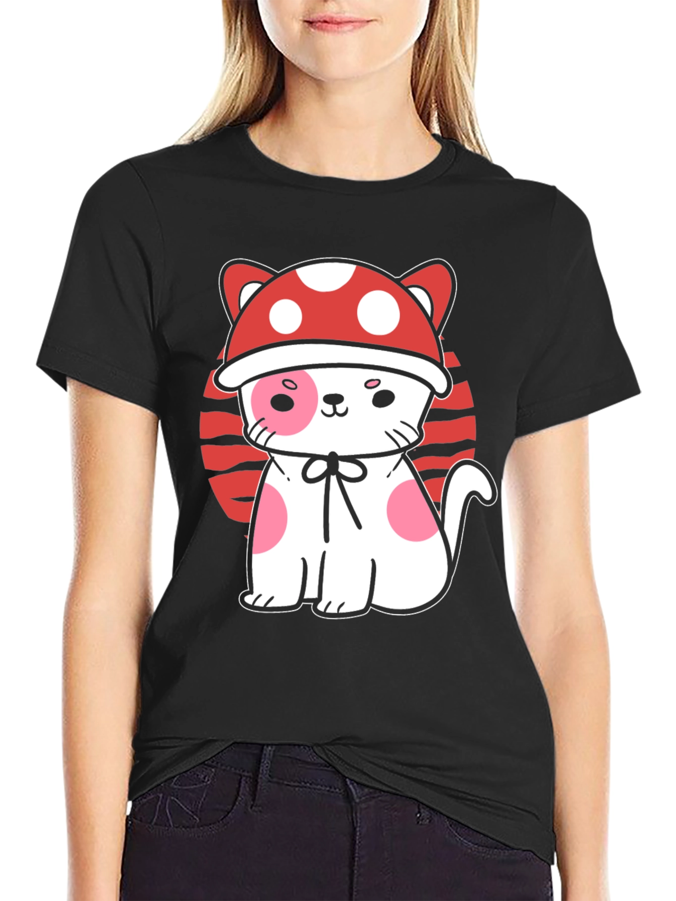 Mushroom Cat Graphic Tee - Black Cotton T-Shirt