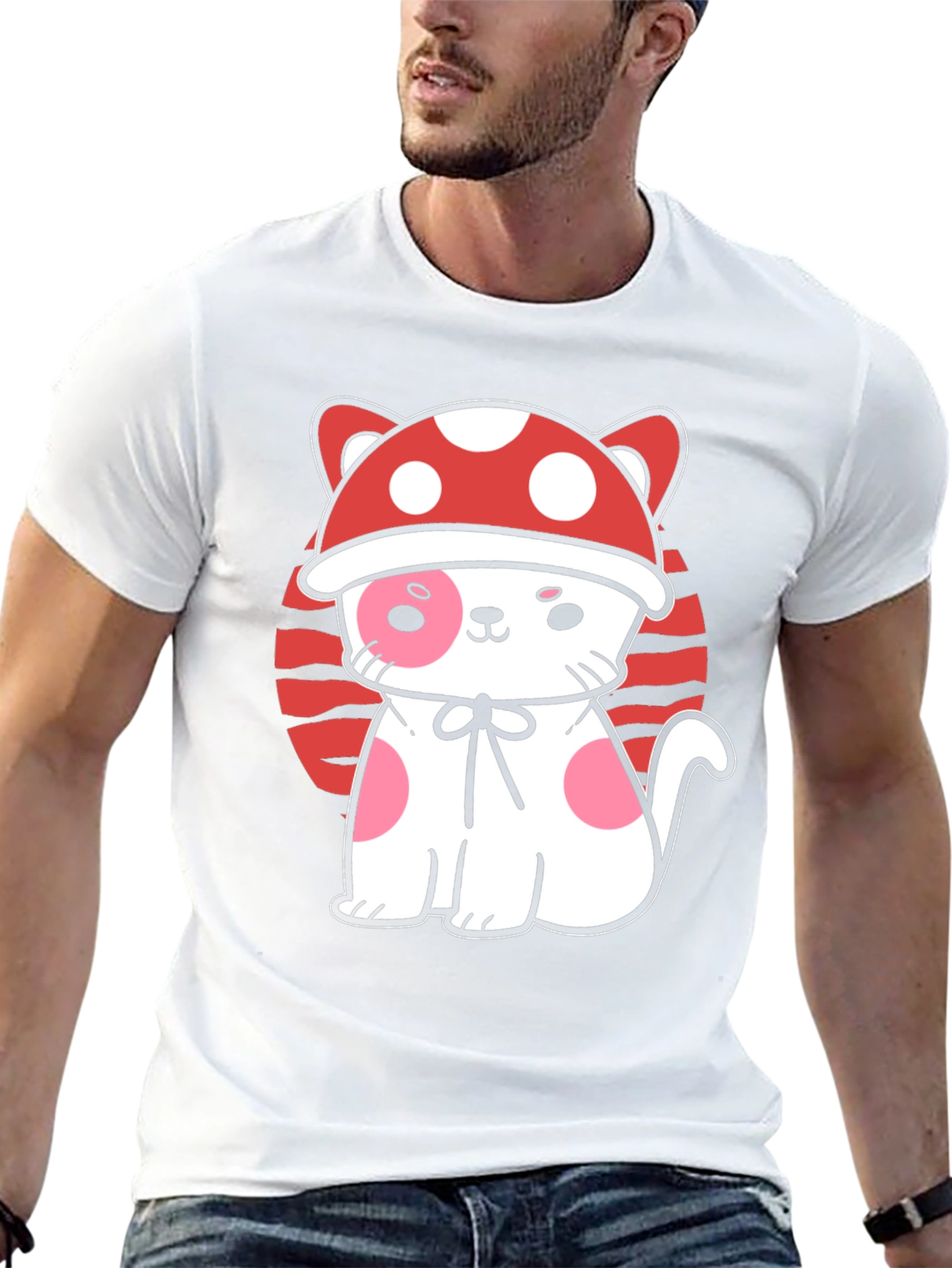 Mushroom Cat Graphic Tee - Black Cotton T-Shirt
